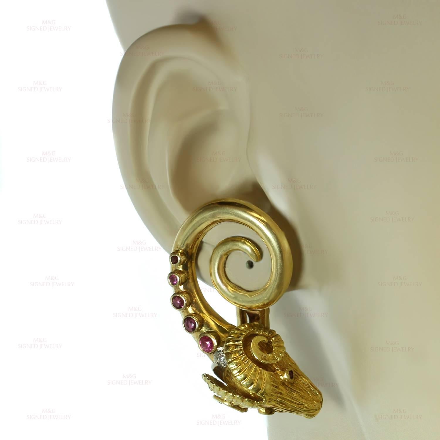 Ilias Lalaounis Ruby Diamond Gold Ram's Head Earrings In Good Condition In New York, NY