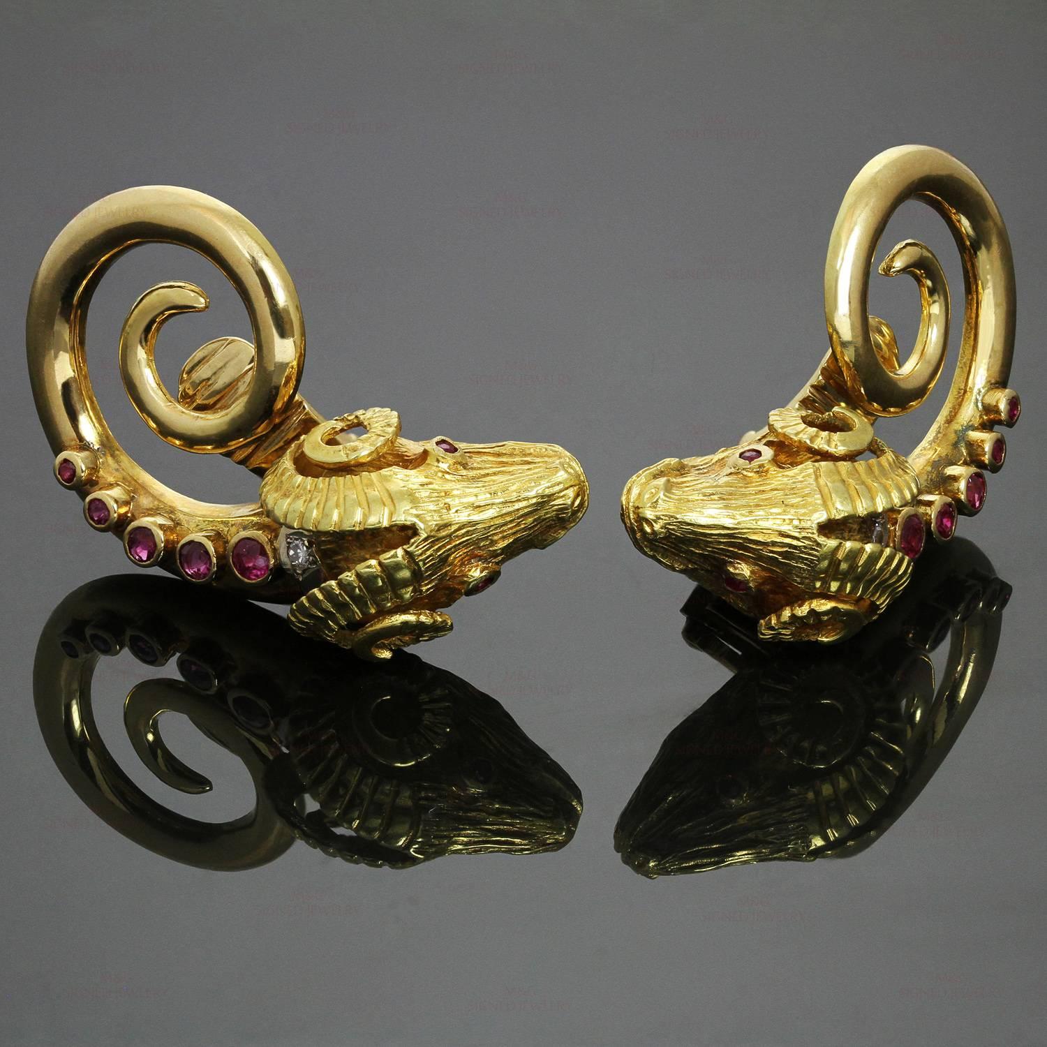 Ilias Lalaounis Ruby Diamond Gold Ram's Head Earrings 2
