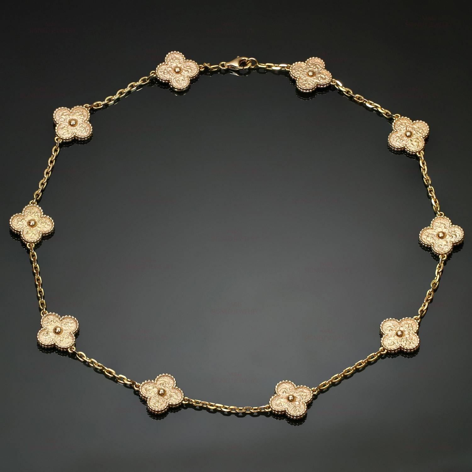 This classic Van Cleef & Arpels necklace from the iconic Vintage Alhambra collection is crafted in 18k rose gold and features 10 lucky clover motifs with round bead edges. Made in France circa 2000s. Measurements: 16.5