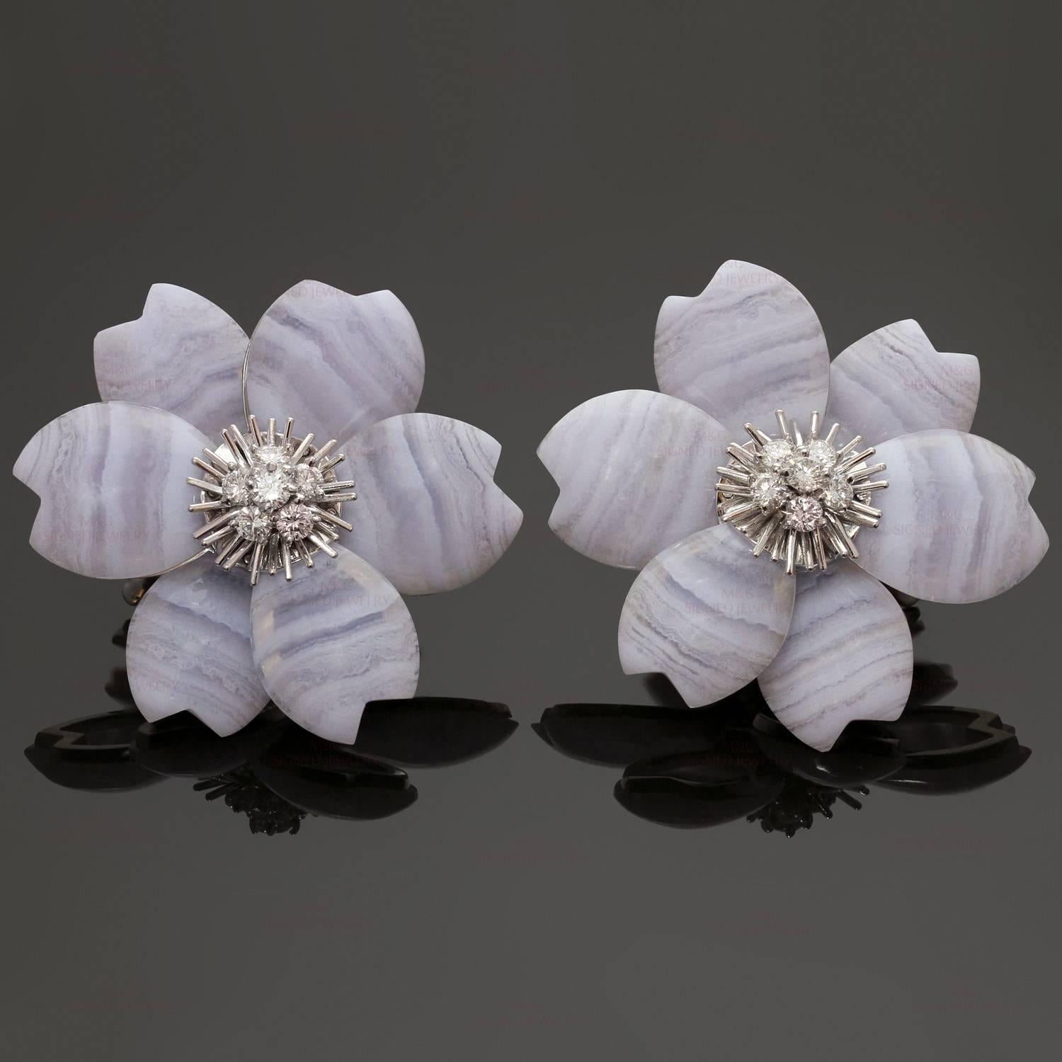These sophisticated earrings from the iconic Rose de Noël collection by Van Cleef & Arpels are crafted in 18k white gold and feature a delicate winter-blooming flower design composed of chalcedony petals and sparkling centers prong-set with