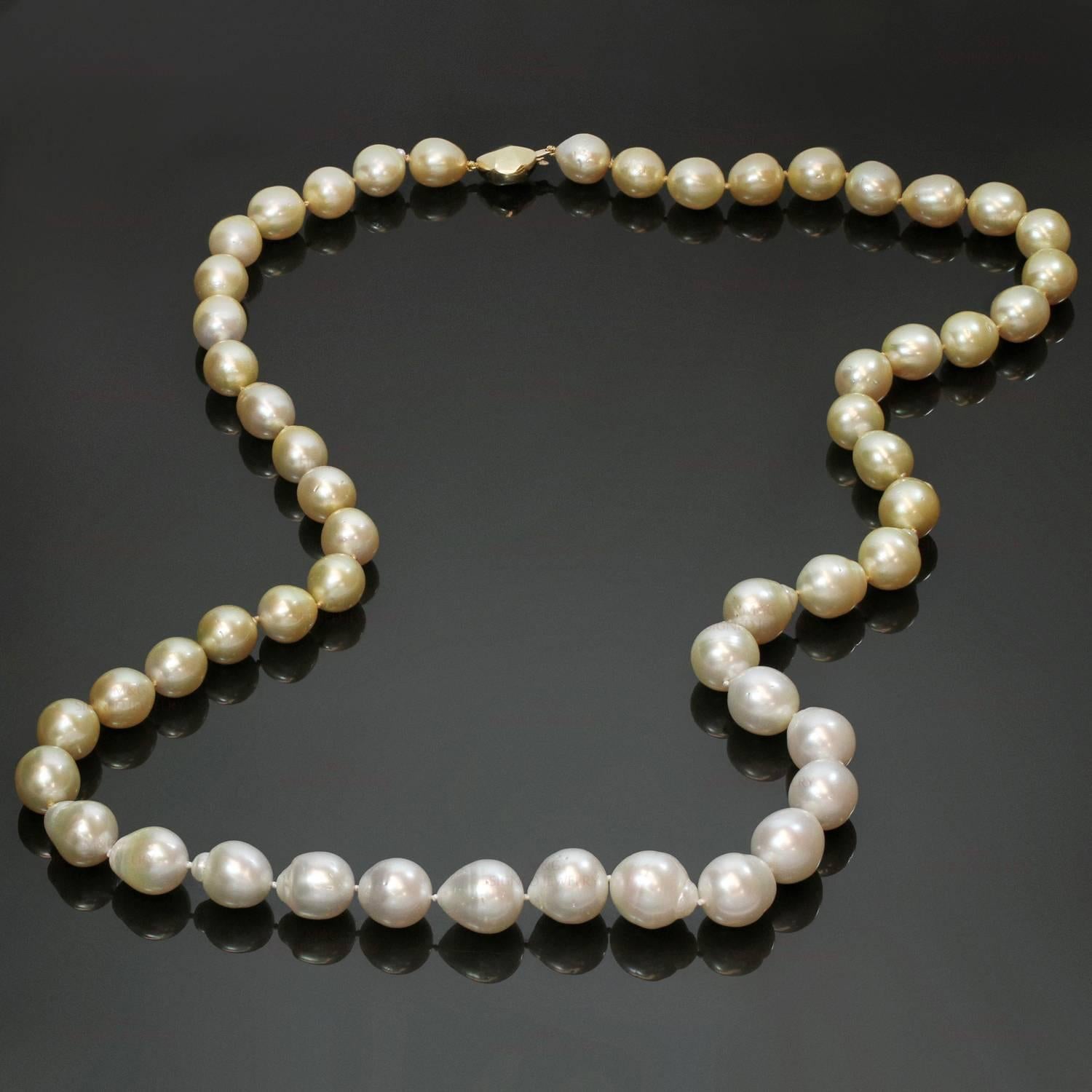 This fabulous necklace features a beautiful selection of 53 shiny South Sea Baroque Cultured Pearls in natural gold and white tones. Completed with an 18k yellow gold clasp. Made in Japan circa 2010s. Measurements: 11.7mm - 16.8mm pearls, 34