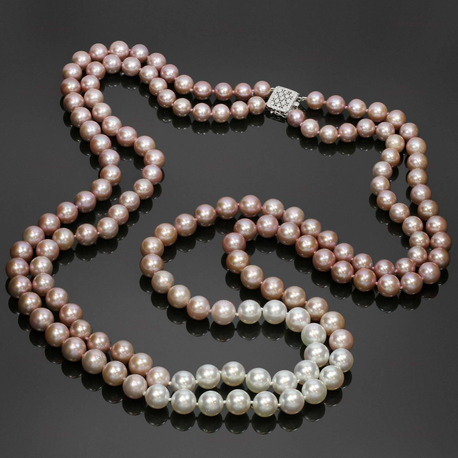 This gorgeous double-strand opera necklace features a stunning selection of South Sea Cultured Pearls and Freshwater Cultured Pearls - 155 very shiny pearls with high luster and intense even pink color. The necklace is completed with a sparkling