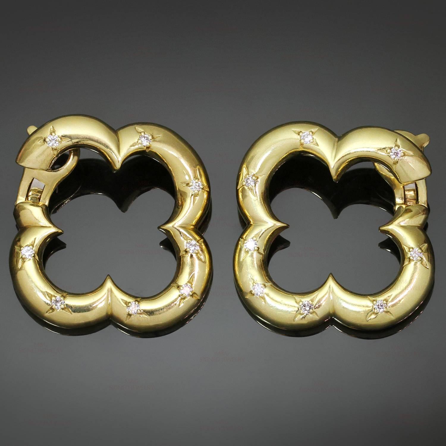 Diese atemberaubenden Ohrringe mit Hebelverschluss aus der Kollektion Alhambra von Van Cleef & Arpels sind aus 18 Karat Gelbgold gefertigt und mit 16 Diamanten im Brillantschliff von schätzungsweise 0,56 Karat besetzt. Ein ikonisches und festliches