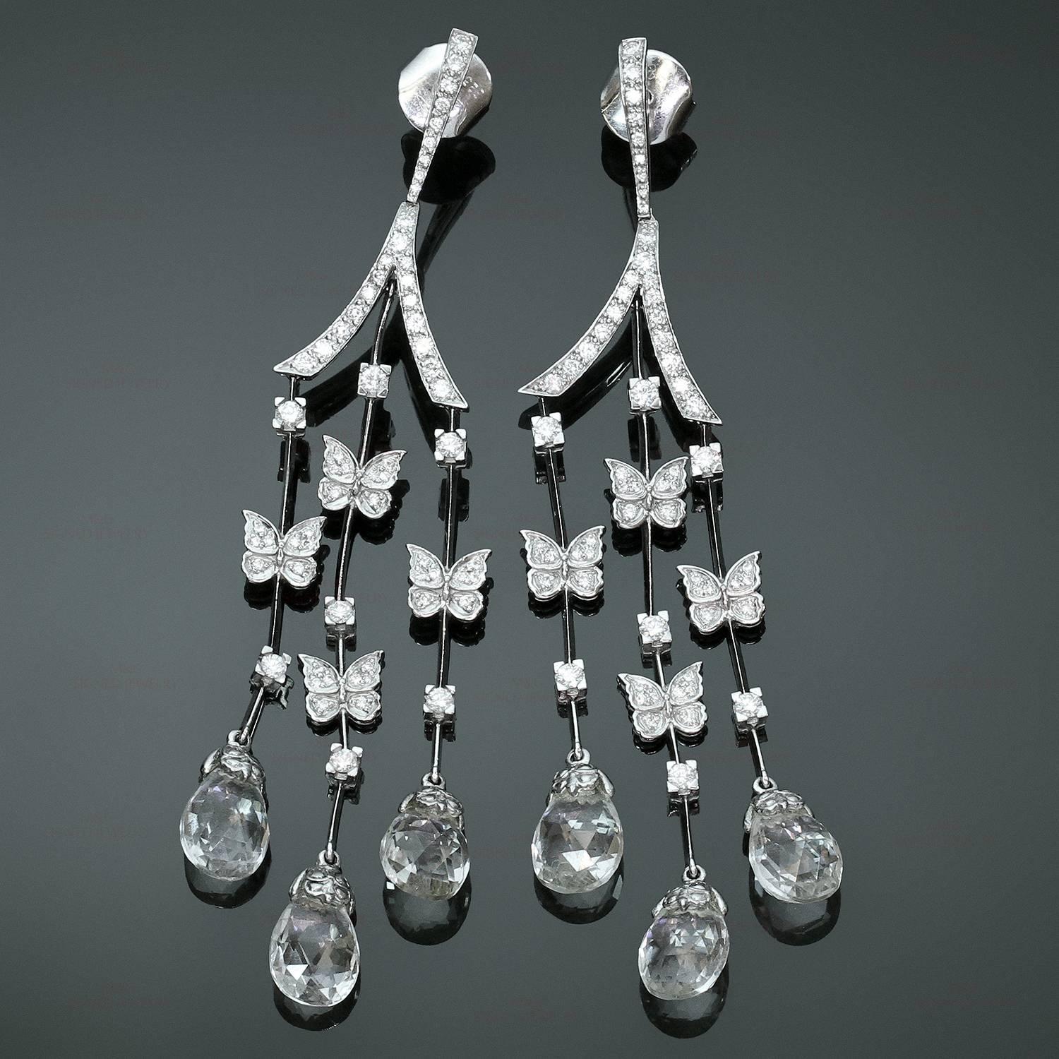 These exquisite dangling earrings from the Butterflies collection by Carrera Y Carerra are crafted in 18k white gold and feature delicate design set with 64 diamonds of an estimated 2.50 carats and completed with 6 faceted crystal briolettes. Made