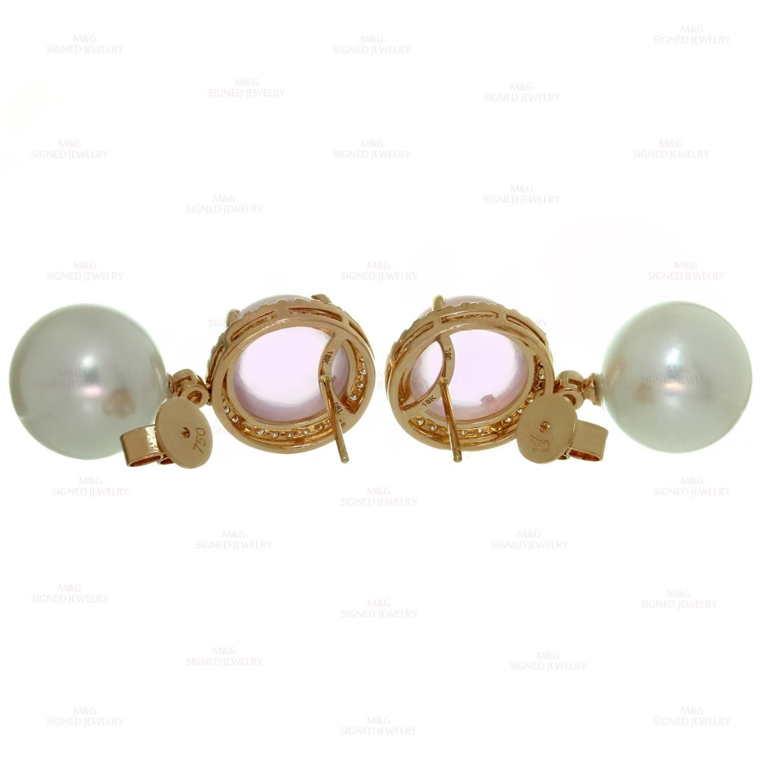 Pink Quartz Pearl Diamond Rose Gold Drop Earrings 1