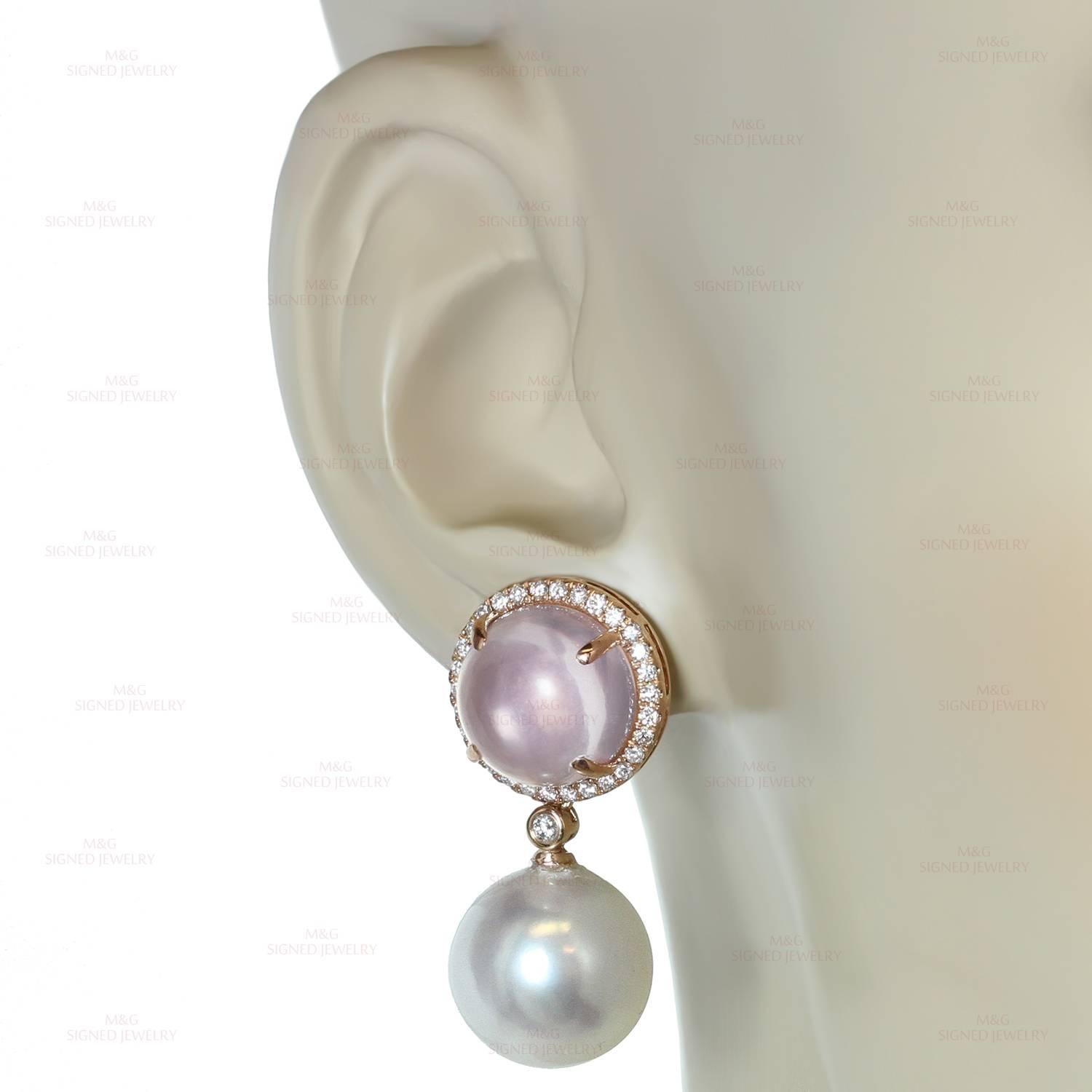 Pink Quartz Pearl Diamond Rose Gold Drop Earrings In New Condition In New York, NY