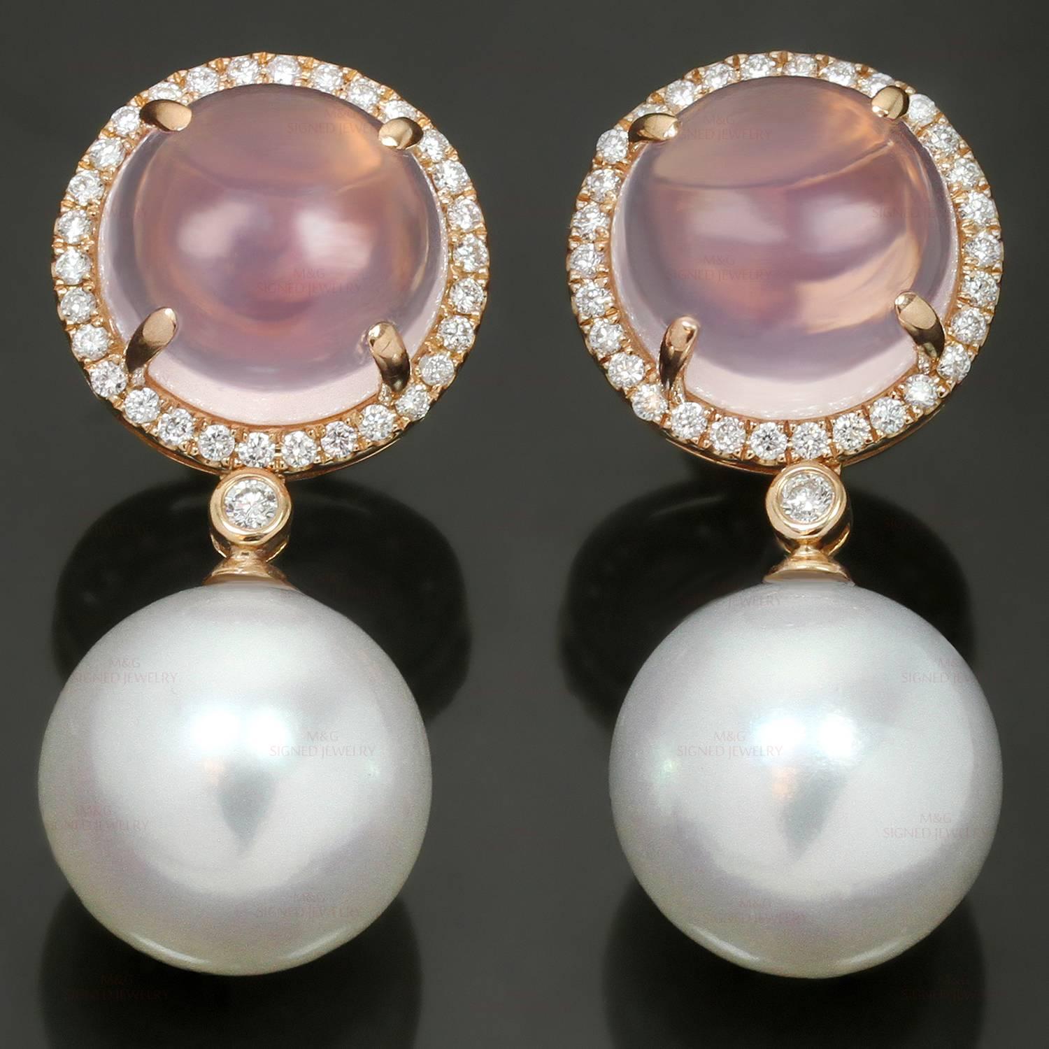 These stunning drop earrings are crafted in 18k rose gold and feature 11.5mm cabochon pink quartz center stones surrounded with brilliant-cut round diamonds of an estimated 0.52 and completed with 13.5mm South Sea Cultured Pearl drops. Made in