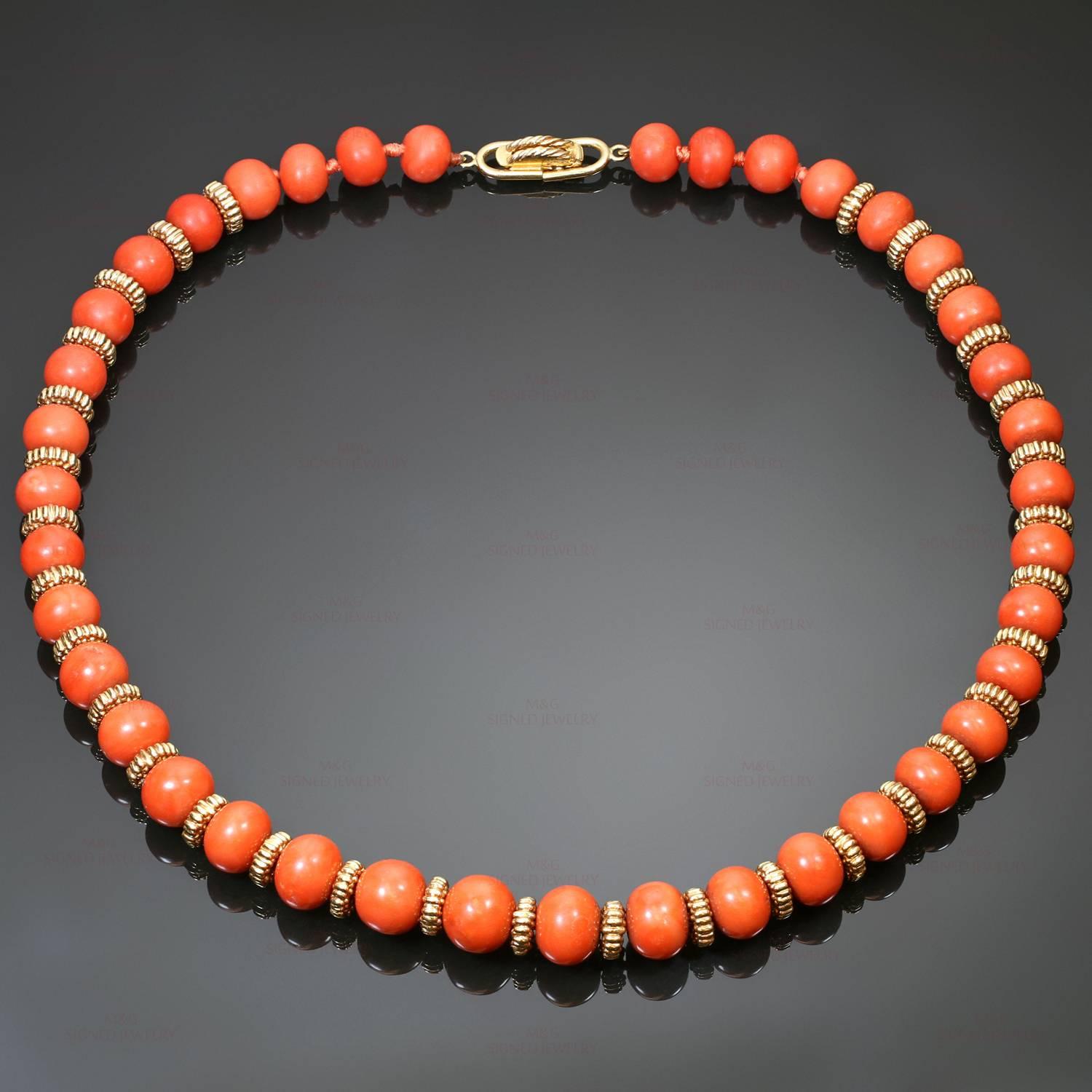 The exquisite and rare Van Cleef & Arpels necklace is composed of 39 red coral beads measuring from 9.40m x 7.50mm to 12.25m x 10.80mm, interspersed with 18k yellow gold rondelles, forming a single strand, and completed by an 18k yellow gold