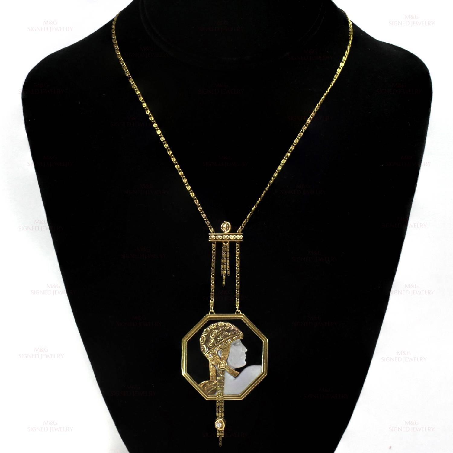 Women's 1979 Erte Aventurine Black Onyx Diamond Gold Cameo Pendant Necklace