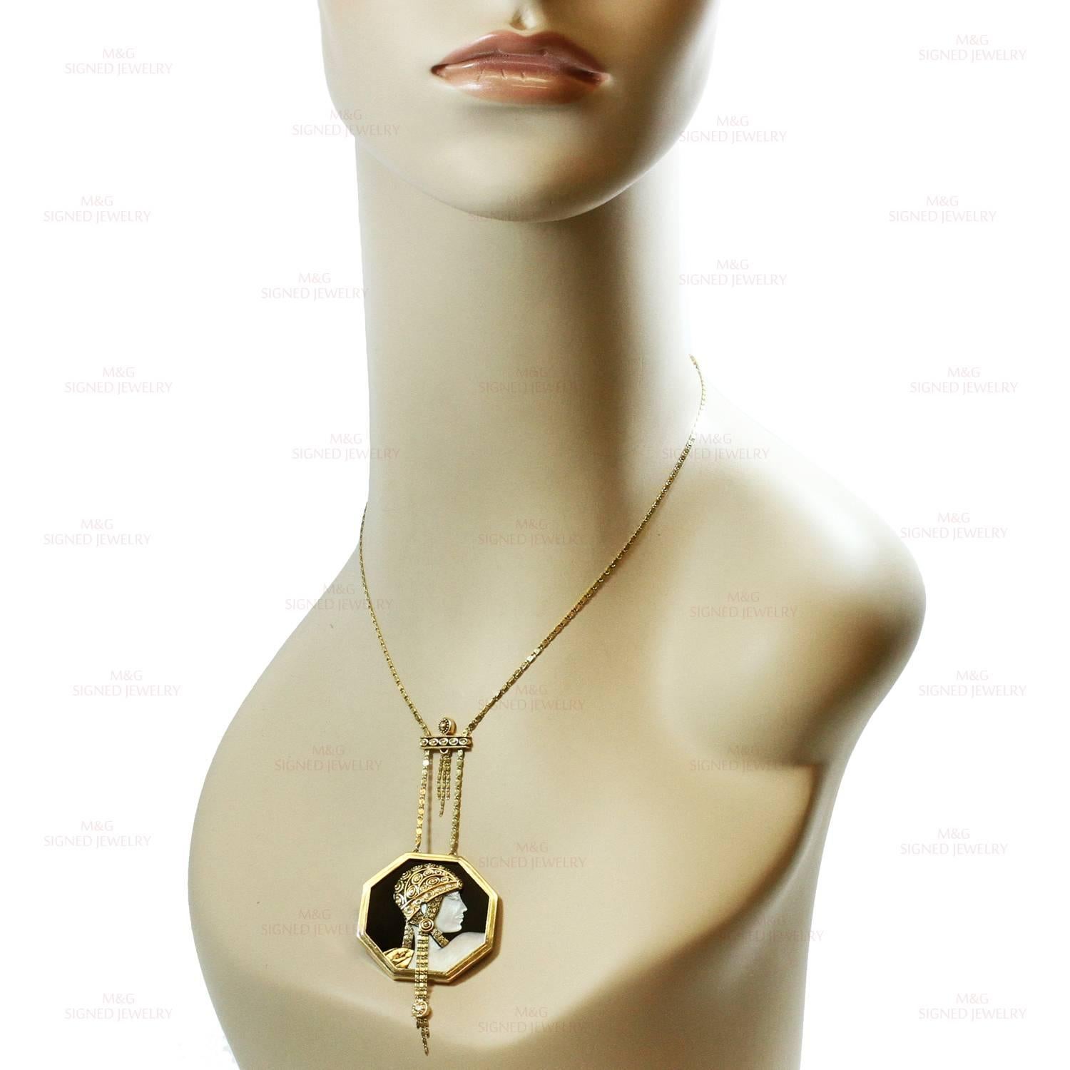 1979 Erte Aventurine Black Onyx Diamond Gold Cameo Pendant Necklace In Excellent Condition In New York, NY