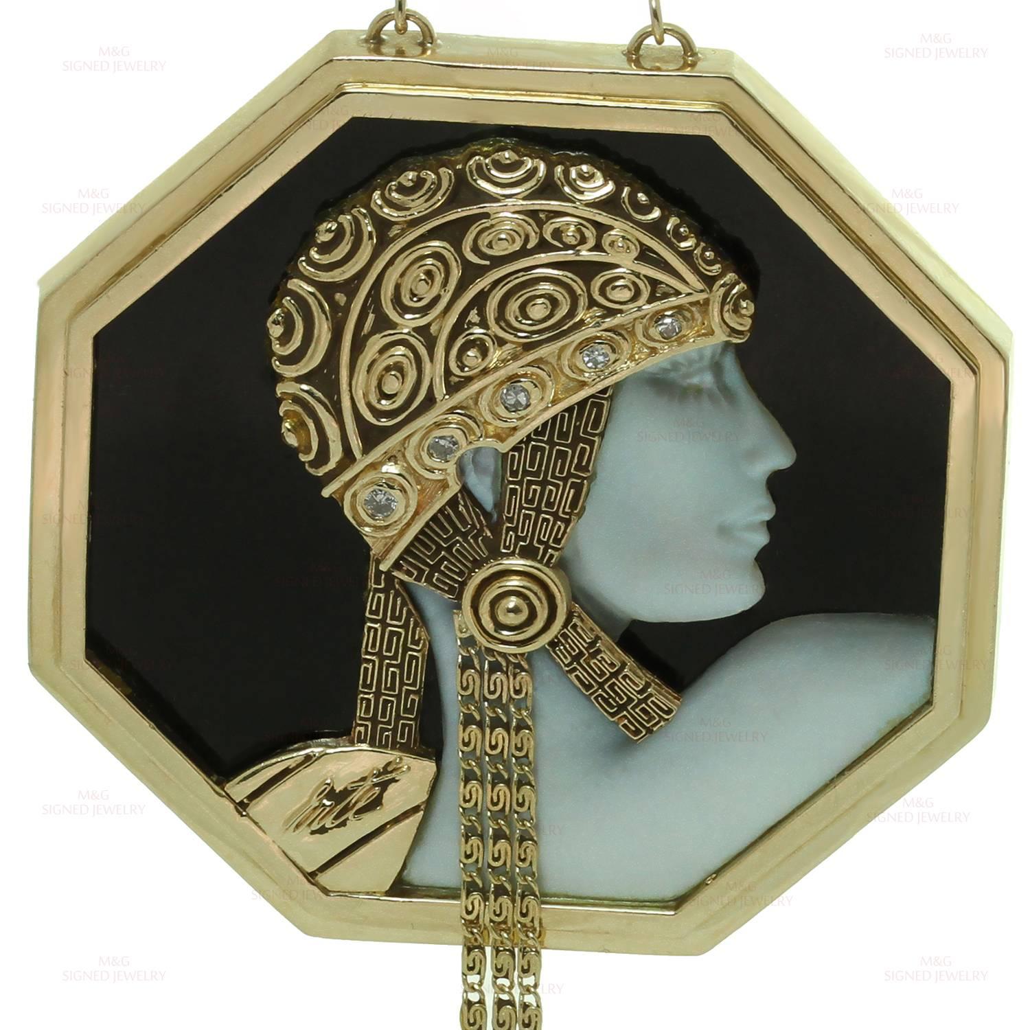 1979 Erte Aventurine Black Onyx Diamond Gold Cameo Pendant Necklace 1