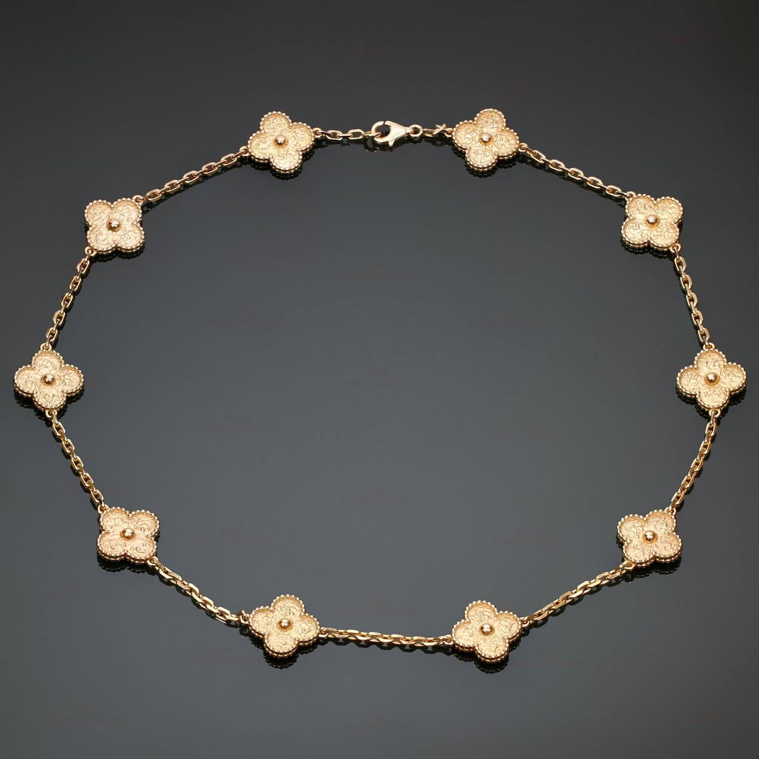 This classic Van Cleef & Arpels necklace from the iconic Vintage Alhambra collection is crafted in 18k rose gold and features 10 lucky clover motifs with round bead edges. Made in France circa 2012. Measurements: 0.59