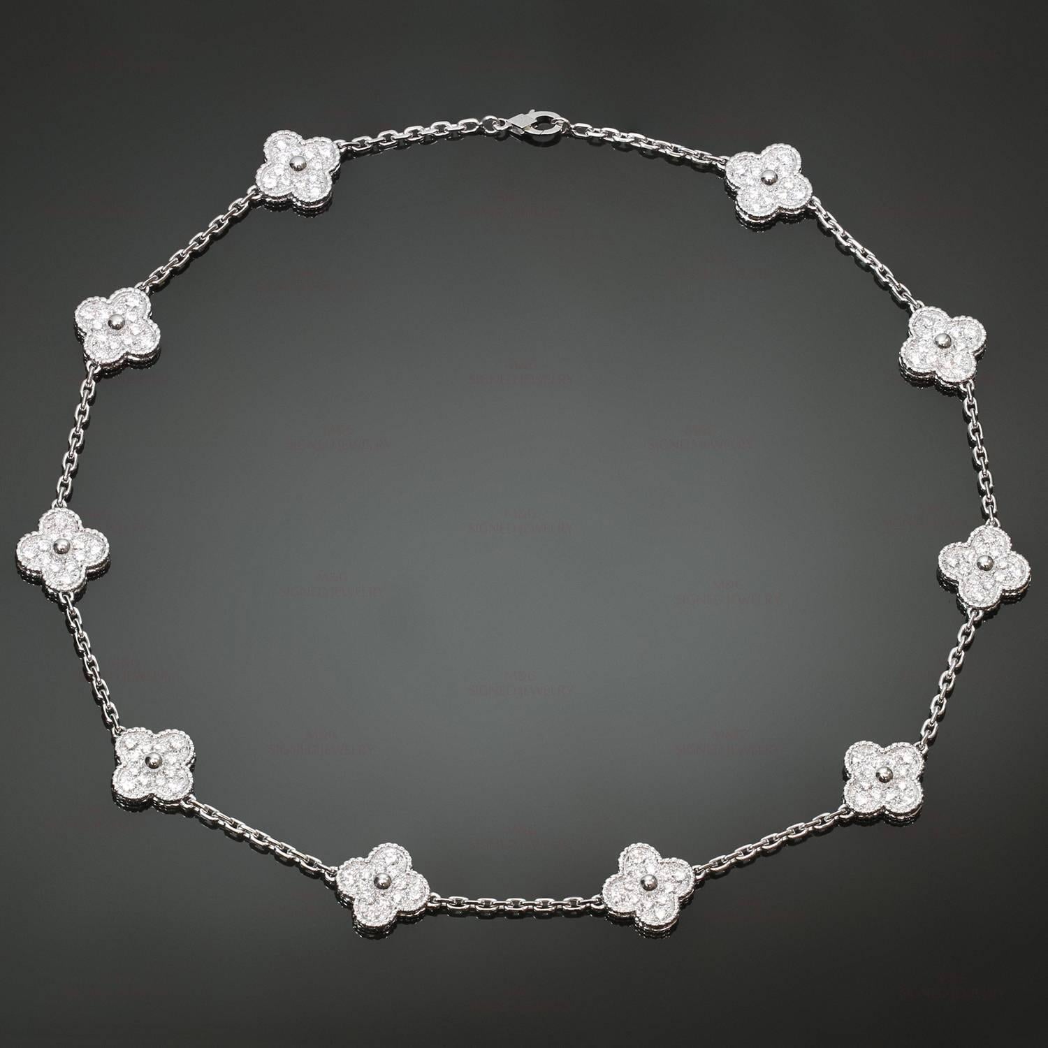 This classic like-new Van Cleef & Arpels necklace from the iconic Vintage Alhambra collection is crafted in 18k white gold and features 10 lucky clover motifs beautifully set with sparkling brilliant-cut round diamonds of an estimated 5.0