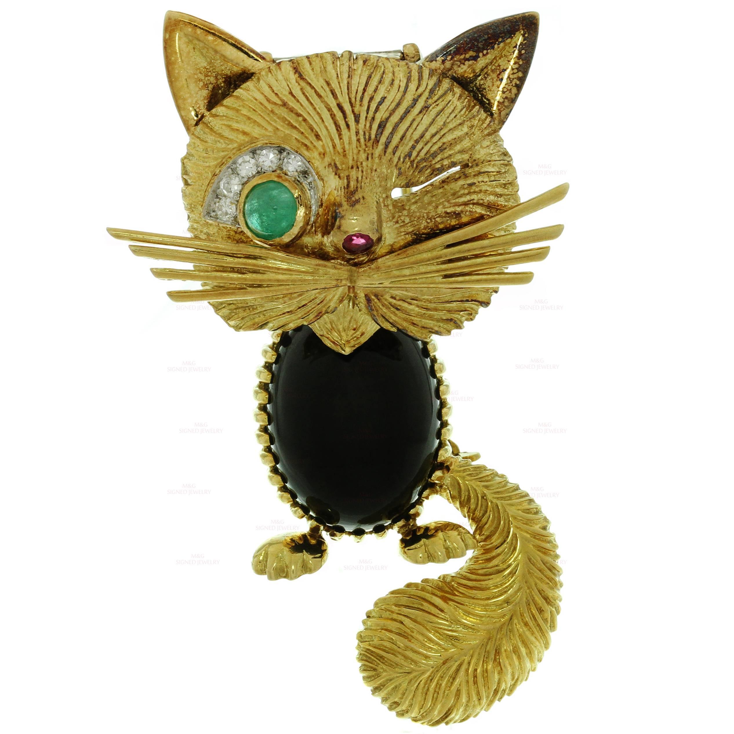 1950s Van Cleef & Arpels Chat Malicieux Diamond Emerald Onyx Winking Cat Broo