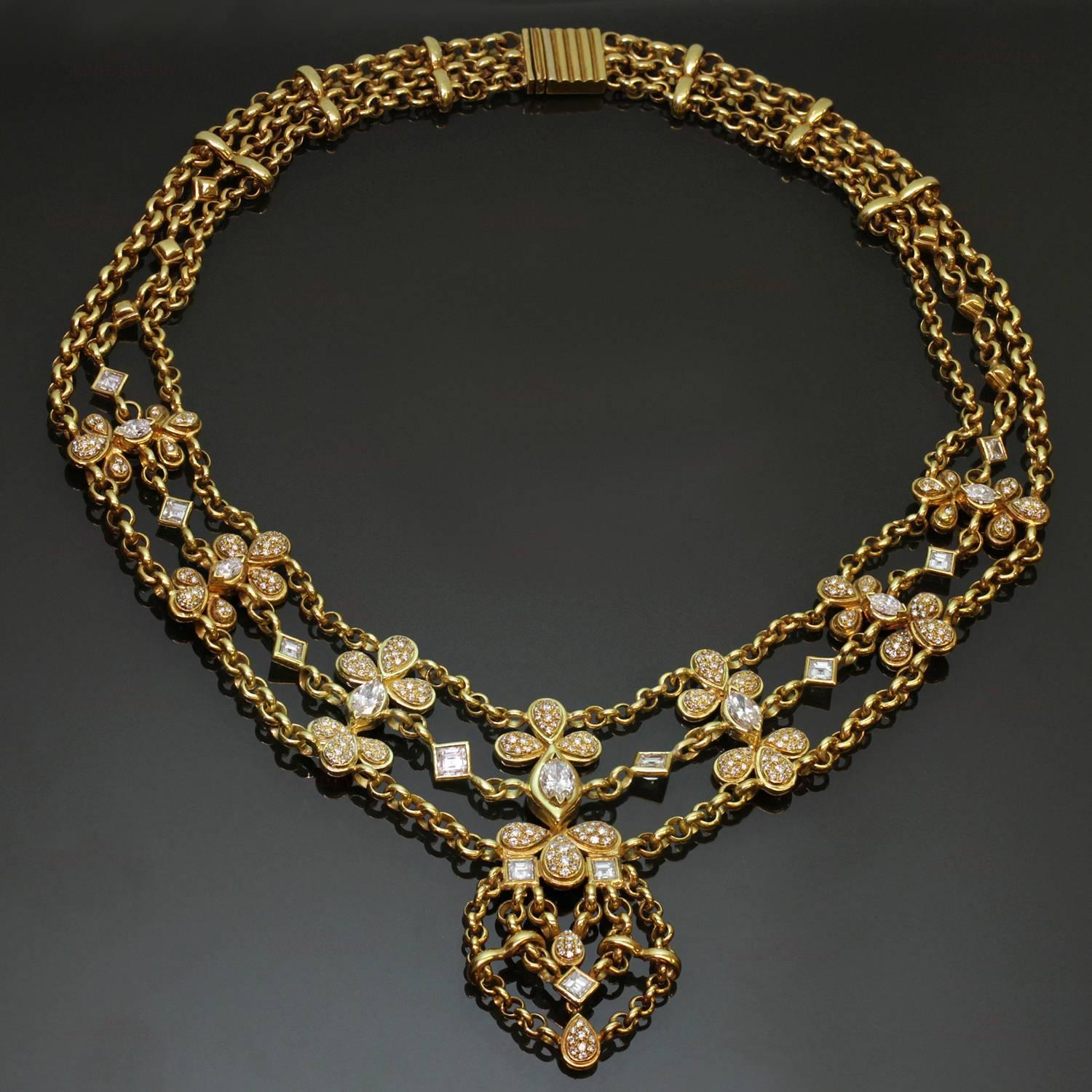 This exquisite Chatila necklace is crafted in 18k yellow gold and is composed of three rolo chains, pear-shaped elements pave-set with  E-F VVS1-VVS2 diamonds and accented with square and marquise-cut diamonds bezel-set in 18k yellow gold. The