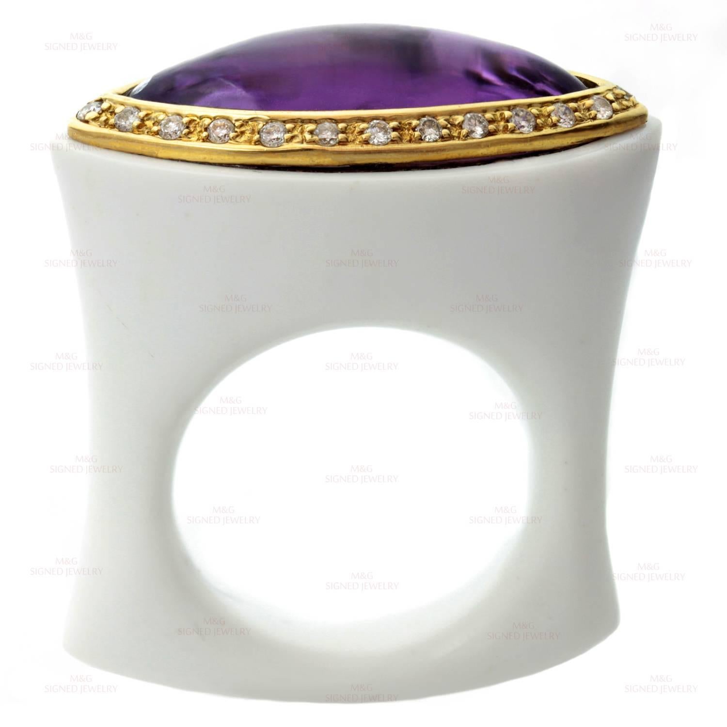 Marquise Cut Amethyst Diamond White Agate Yellow Gold Ring Size 53