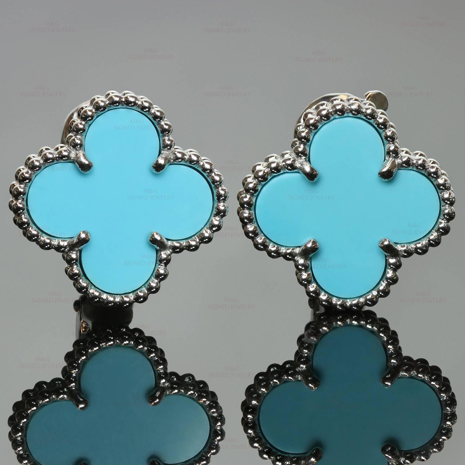 These stunning Van Cleef & Arpels lever-back earrings from the vintage Alhambra collection feature the lucky clover design crafted in 18k white gold and set with blue turquoise. Made in France circa 2015. Measurements: 0.59" (15mm) width.