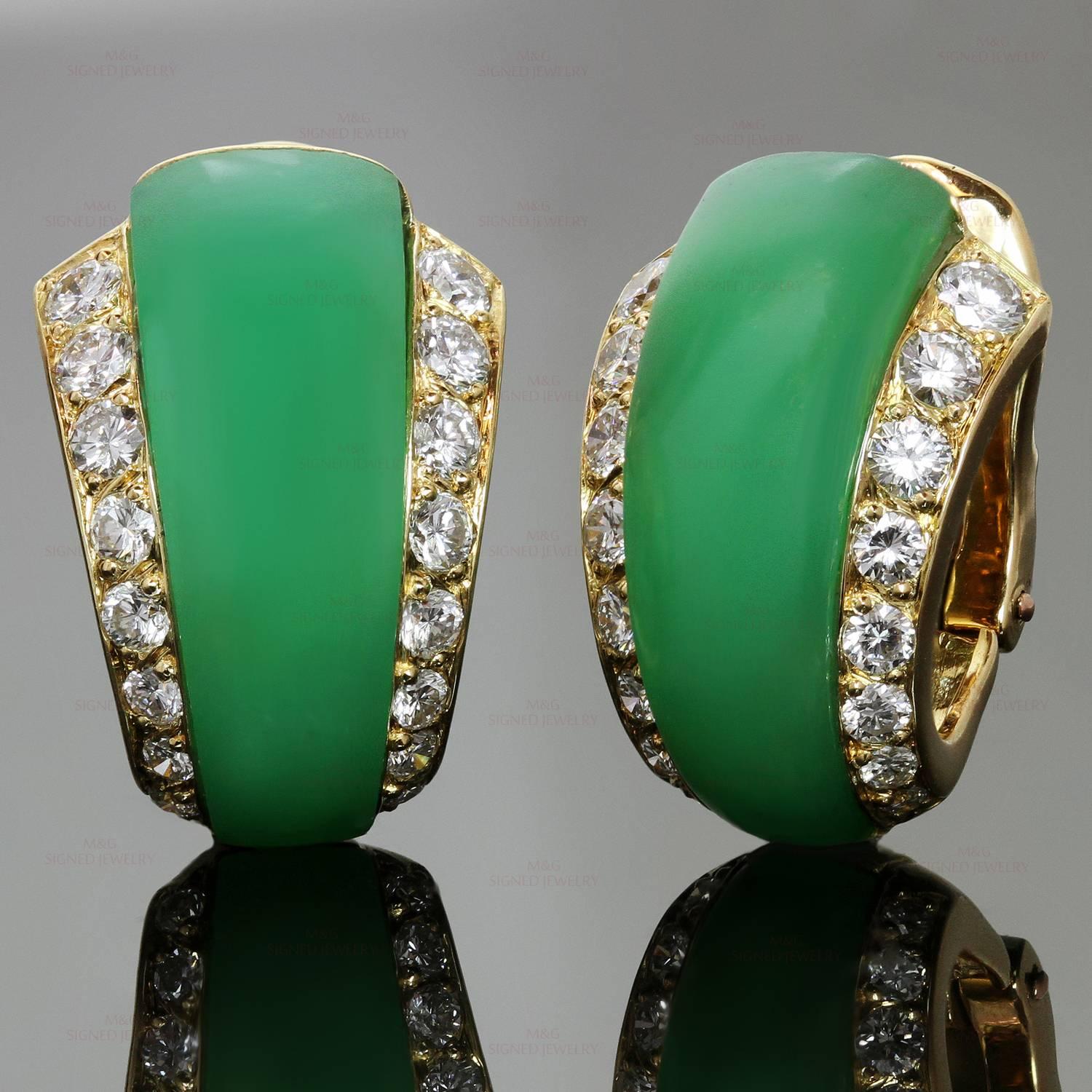 These fabulous Van Cleef & Arpels clip-on earrings are crafted in 18k yellow gold, set with carved green chrysoprase and accented with sparkling round brilliant-cut diamond borders. Made in France circa 1988. Measurements: 0.47" (12mm)
