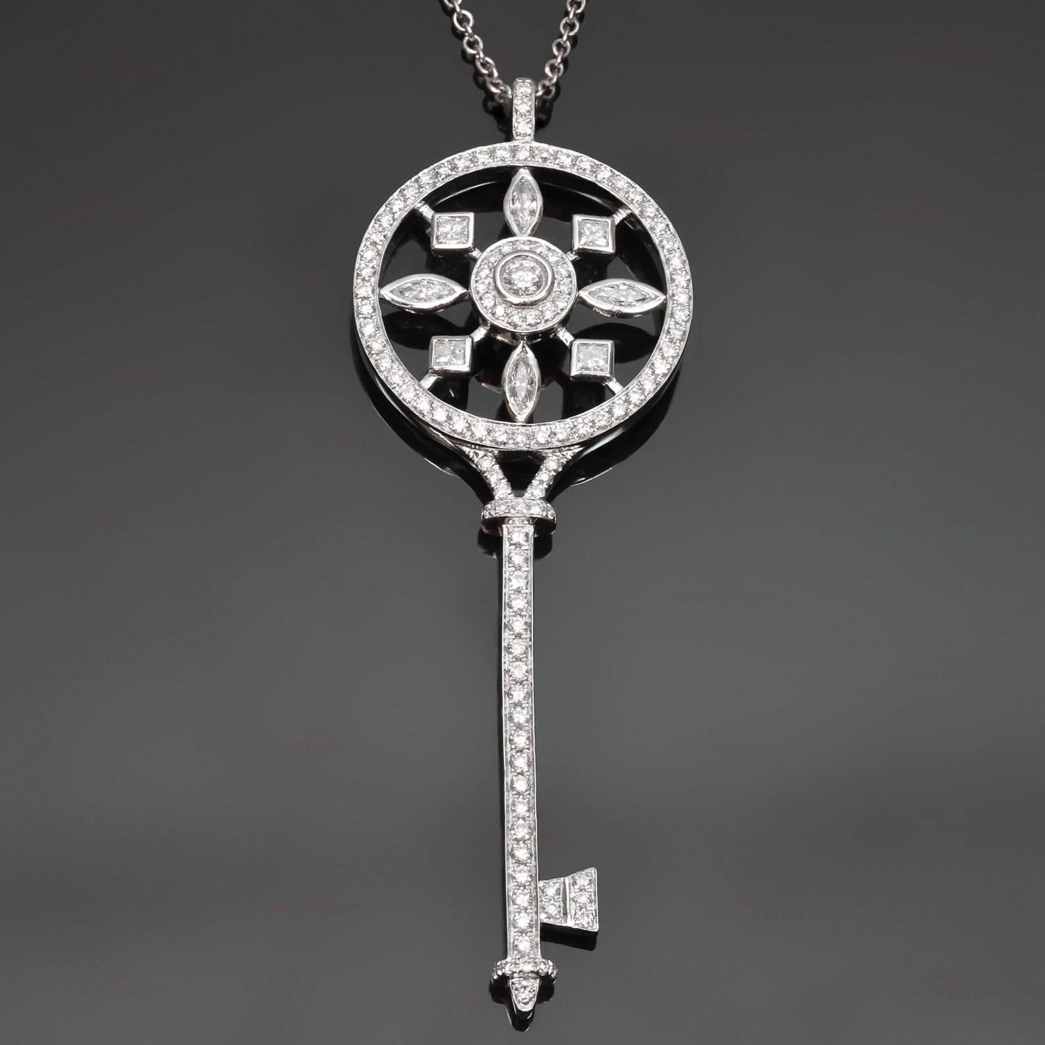 This fabulous Tiffany necklace features a kaleidoscope key pendant crafted in platinum and set with marquise, square and round brilliant-cut diamonds of an estimated 1.20 carats. The mixed-cut diamonds add a striking brilliance to this stunningly