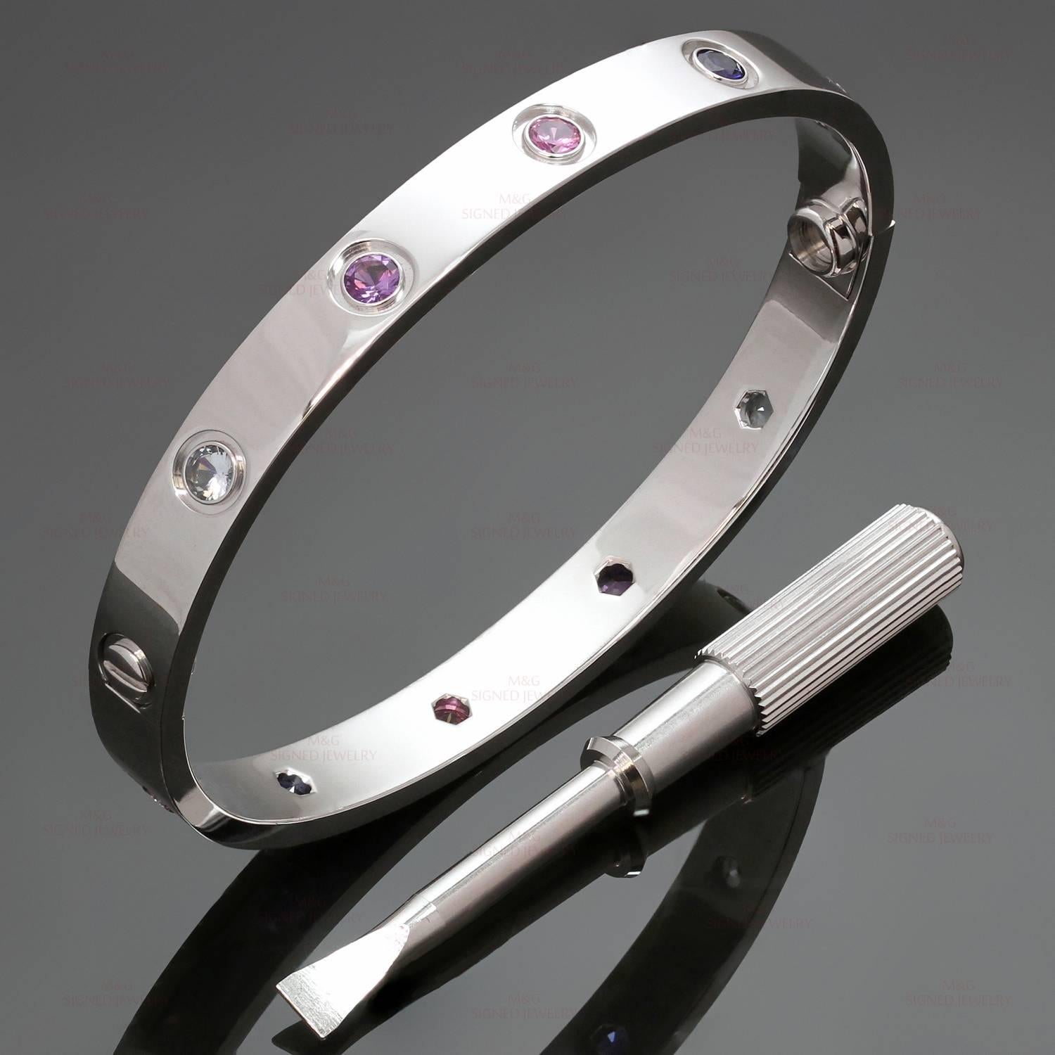 This chic Cartier bracelet from the iconic Love collection is made in 18k white gold and bezel-set with 2 aquamarines, 2 pink sapphires, 2 blue sapphires, 2 purple spinels and 2 amethysts. Completed with a screwdriver, service receipt and Cartier