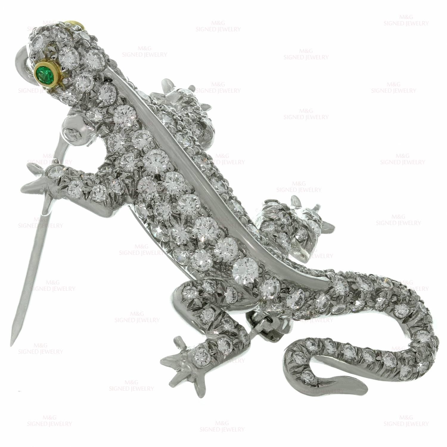 Tiffany & Co. Diamond Emerald Platinum Salamander Pendant Brooch In Excellent Condition In New York, NY