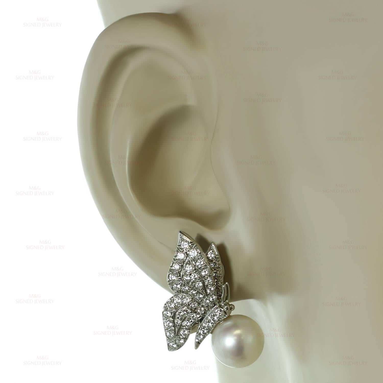 Tiffany & Co. Diamond Pearl Platinum Butterfly Clip-on Earrings In Excellent Condition In New York, NY