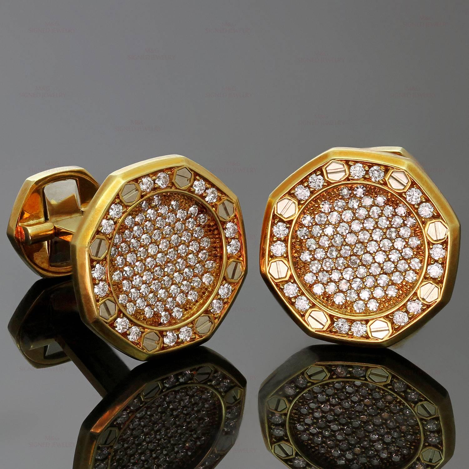 These exquisite cufflinks by Audemars Piguet feature a classic octogonal design crafted in 18k yellow gold and set with brilliant-cut round diamonds. Made in Switzerland circa 2000s. Measurements: 0.70" (18mm) width. 