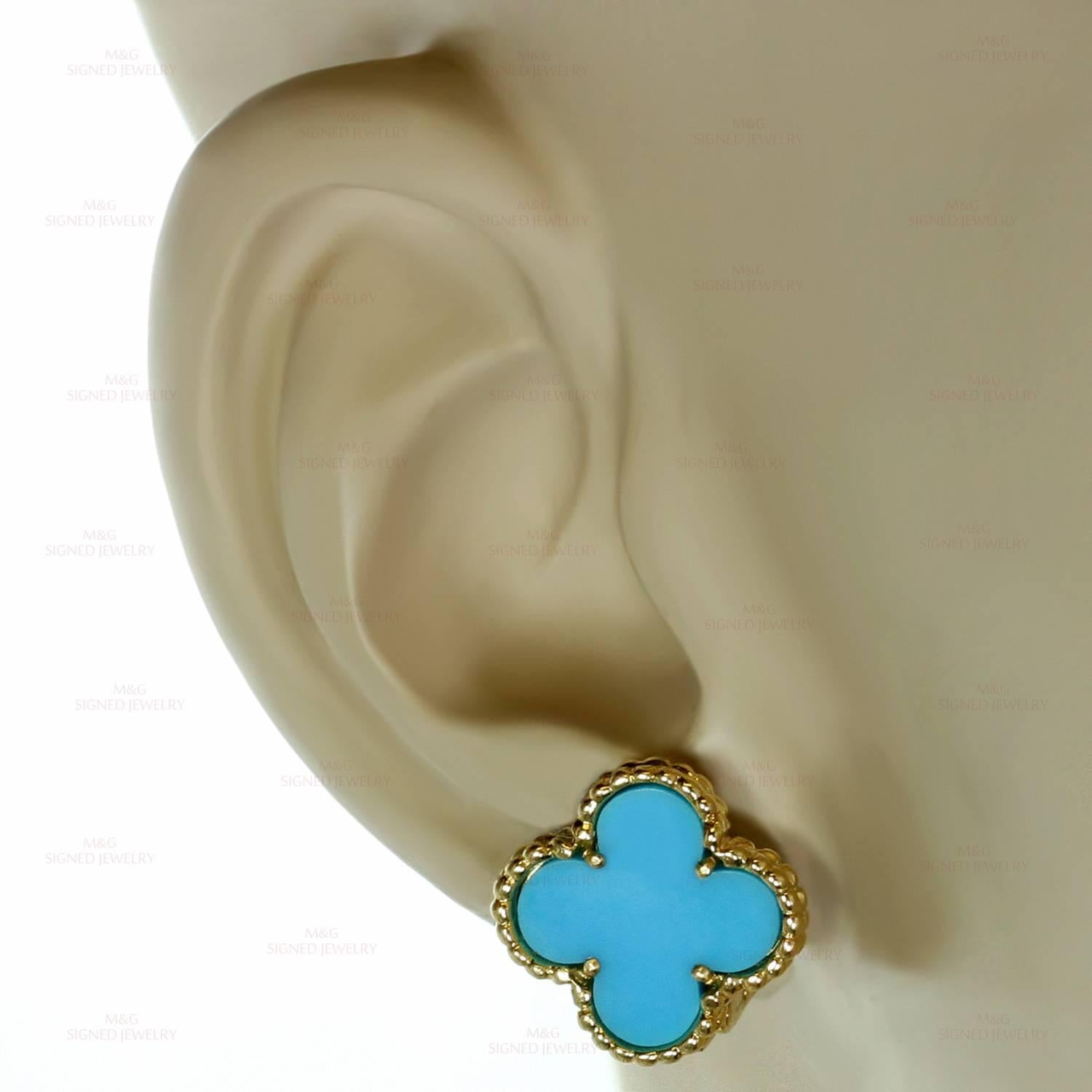 VAN CLEEF & ARPELS Alhambra Turquoise Yellow Gold Earrings In Excellent Condition In New York, NY