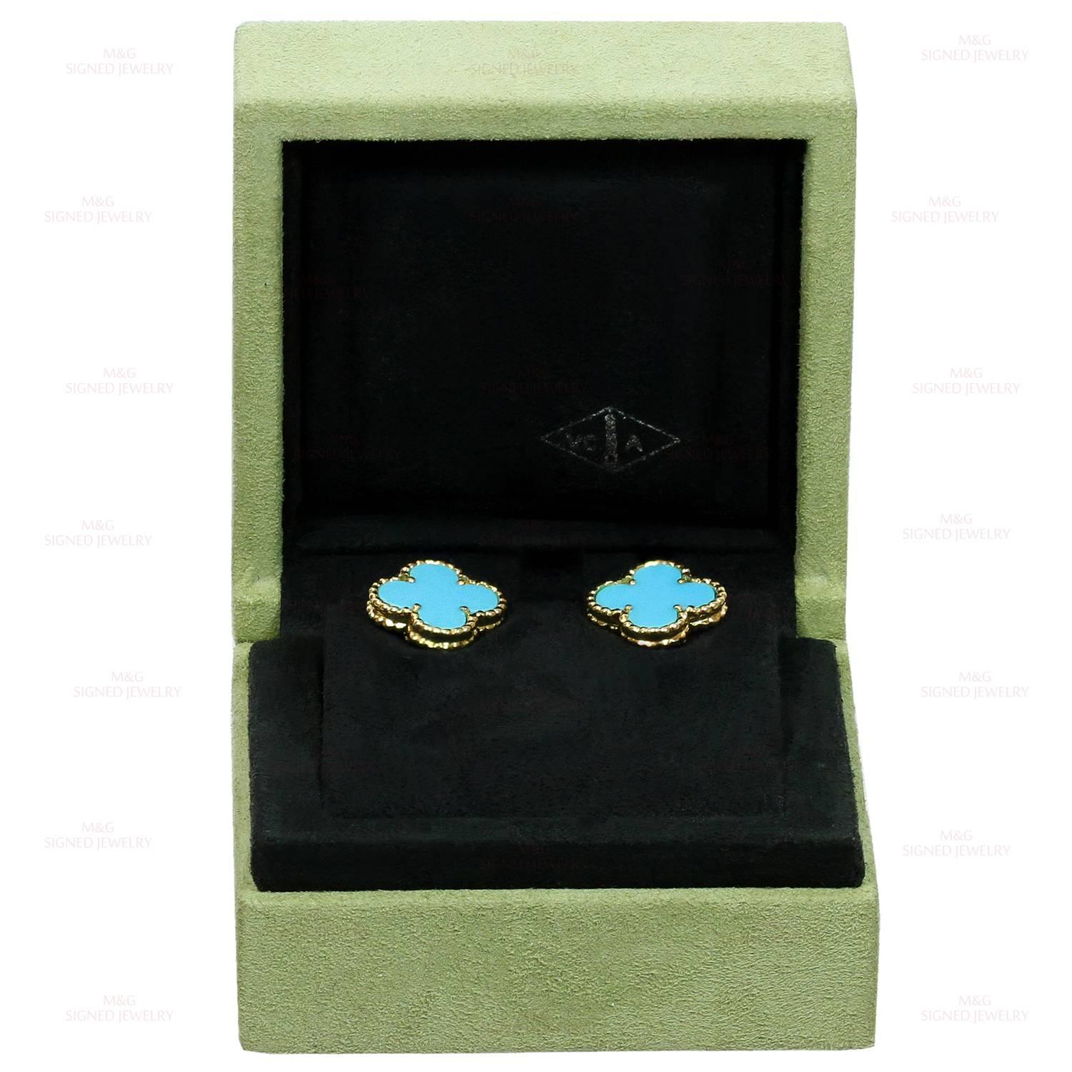 These stunning Van Cleef & Arpels clip-on earrings from the Alhambra collection feature the lucky clover design crafted in 18k yellow gold and set with blue turquoise stones. Made in France circa 2000s. Measurements: 0.59" (15mm) width,