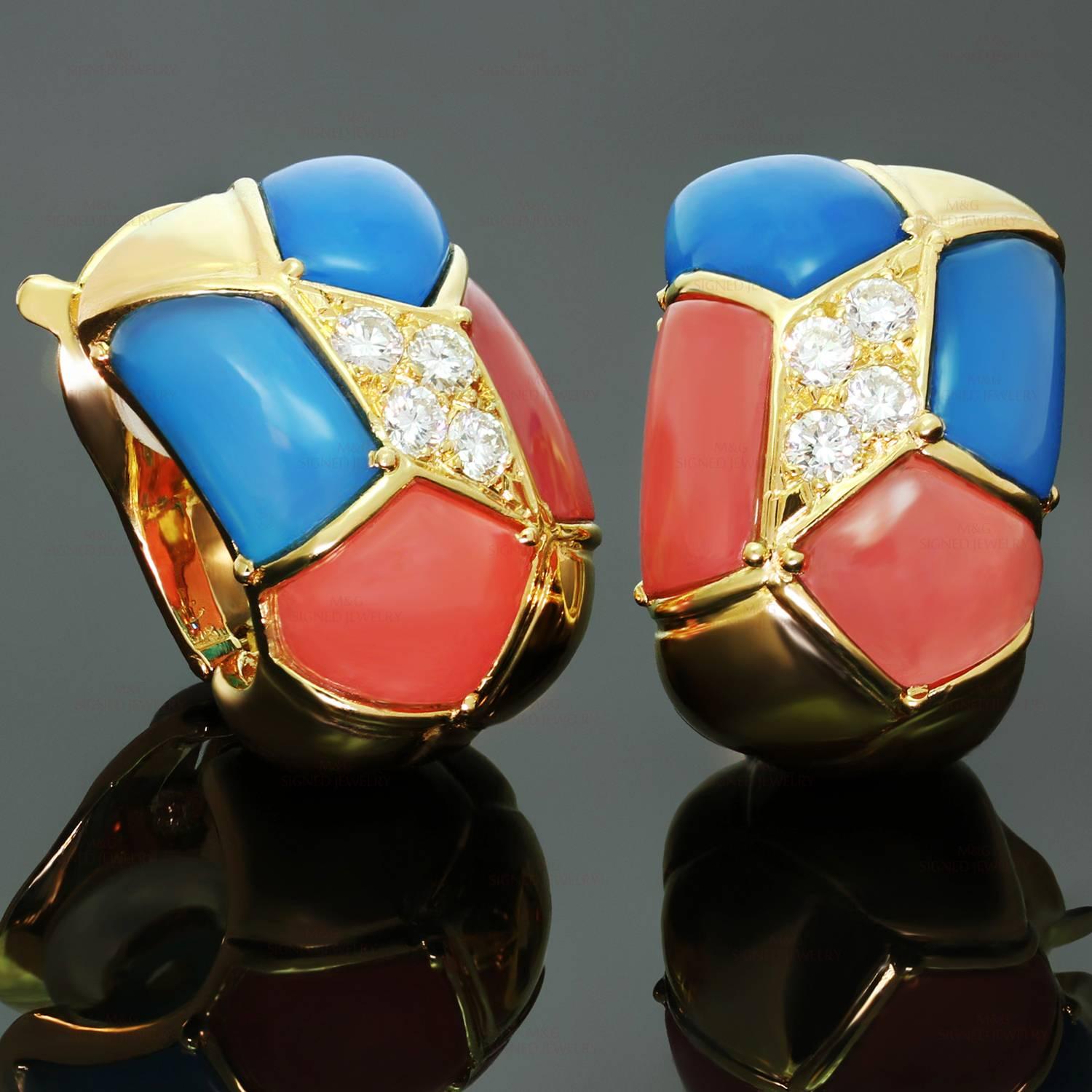 These gorgeous clip-on earrings from Van Cleef & Arpels are crafted in 18k yellow gold and set with natural blue and pink agate stones and brilliant-cut diamonds of an estimated 0.65 carats. Made in France circa 1990s. Measurements: 0.59"