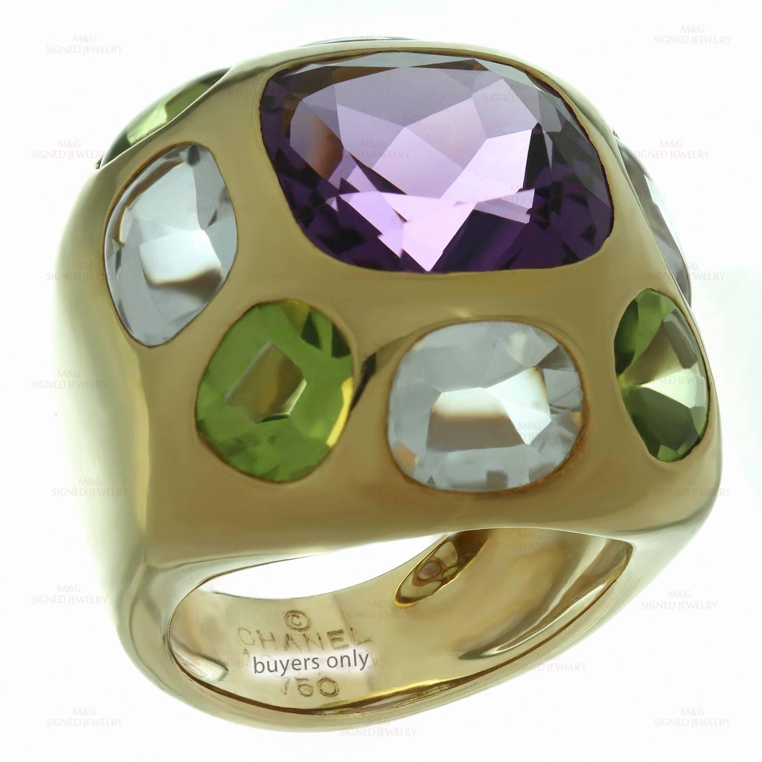 CHANEL Baroque Multicolor Gemstone Yellow Gold Ring In Excellent Condition In New York, NY