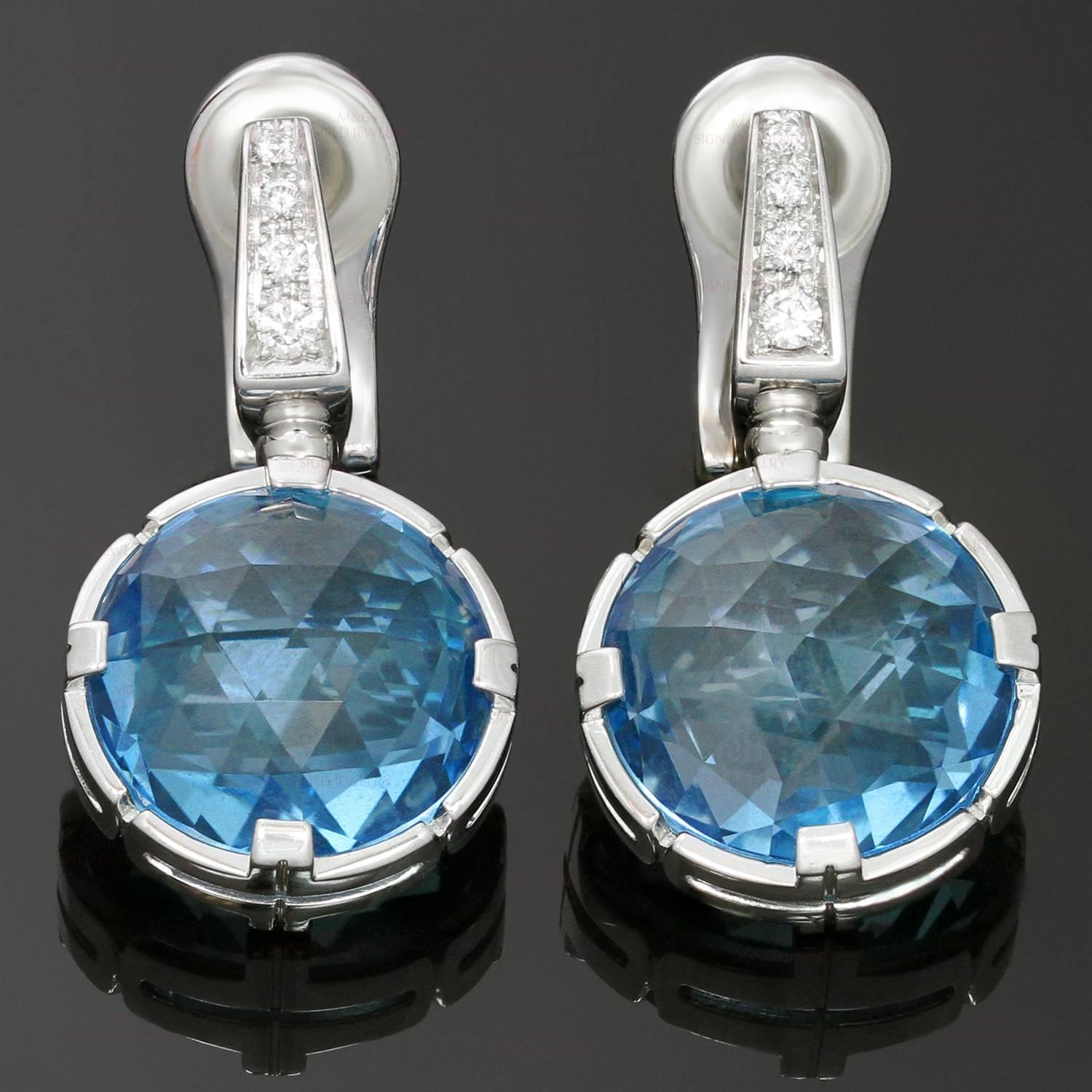 These vibrant clip-on earrings from Bulgari's Parentesi collection are crafted in 18k white gold, set with brilliant-cut round diamonds and completed with faceted round blue topaz drops. Made in Italy circa 2010s. Measurements: 0.59" (15mm)