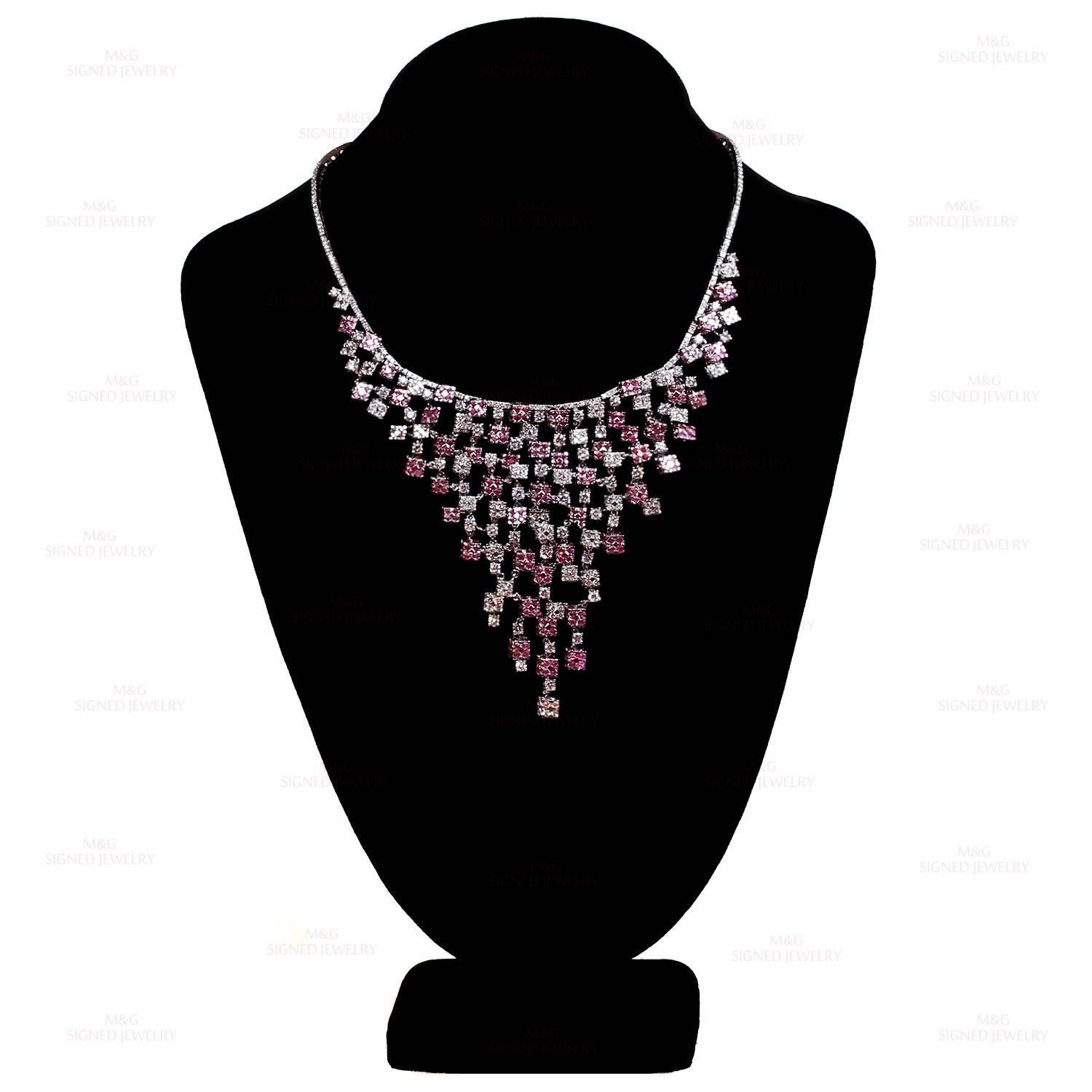 Brilliant Cut White Gold, 18k Diamond Pink Sapphire Bib Necklace.Made in Italy For Sale