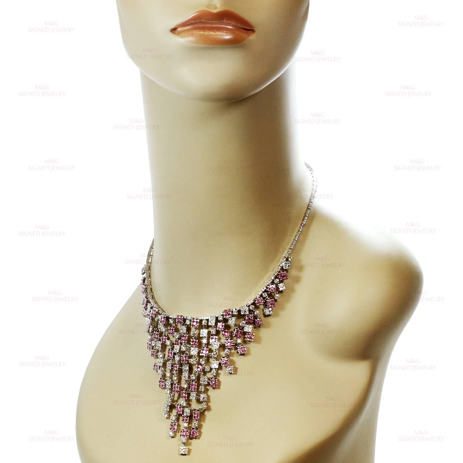 White Gold, 18k Diamond Pink Sapphire Bib Necklace.Made in Italy In Excellent Condition For Sale In New York, NY