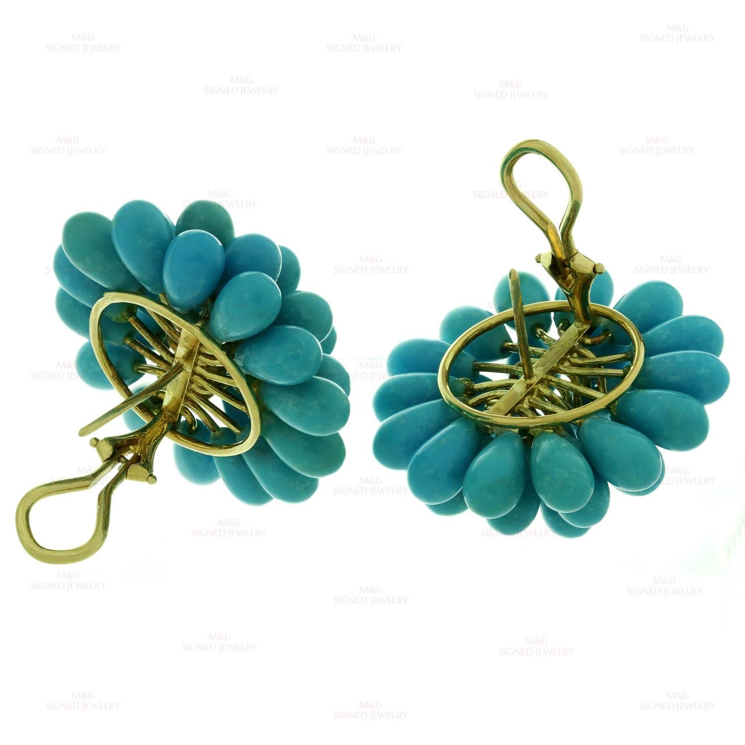 Women's Natural Turquoise Cluster Yellow Gold Earrings For Sale