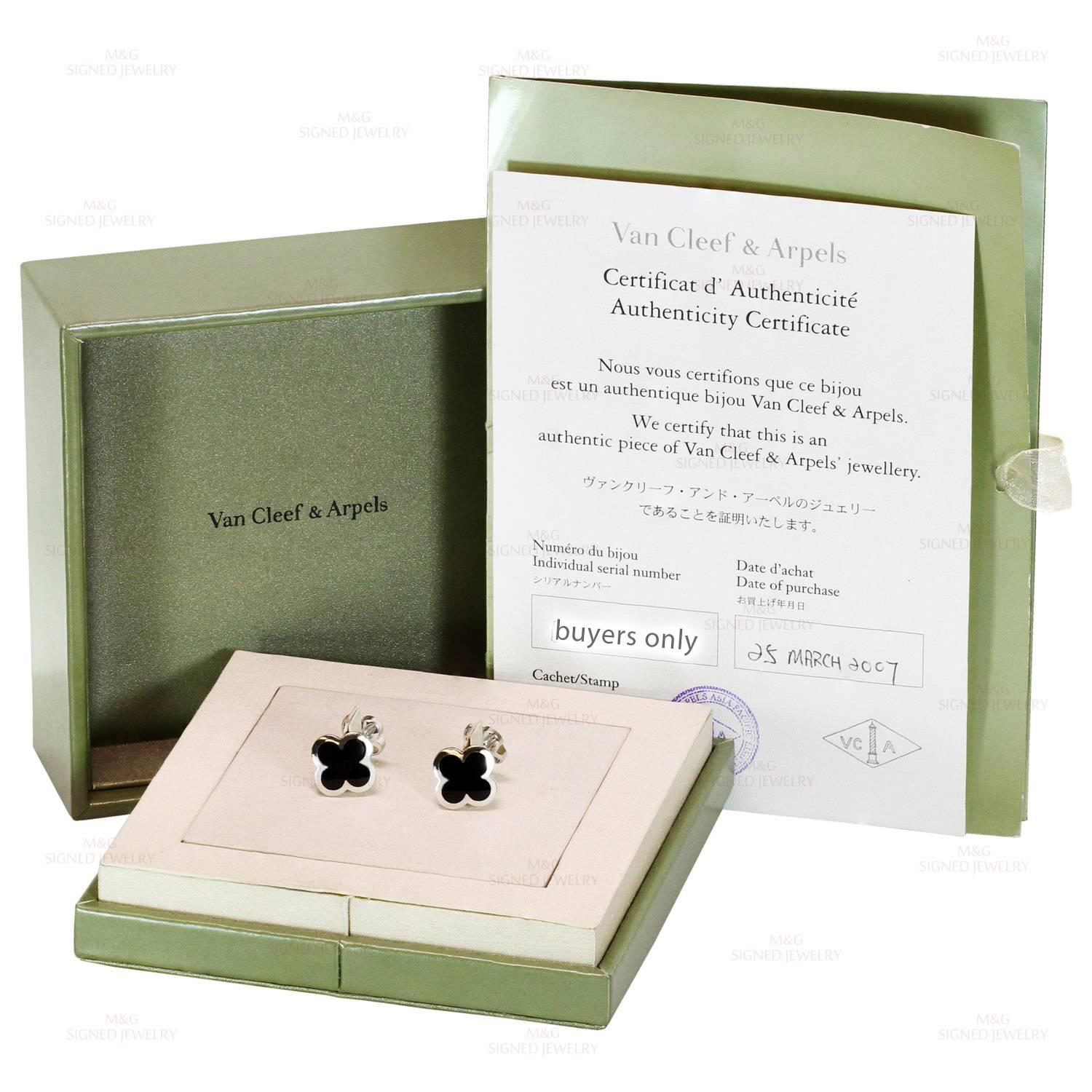 These classic Van Cleef & Arpels cufflinks from the iconic Pure Alhambra collection are crafted in 18k white gold in the shape of lucky clovers and inlaid with black onyx. Made in France circa 2007. Measurements: 0.62