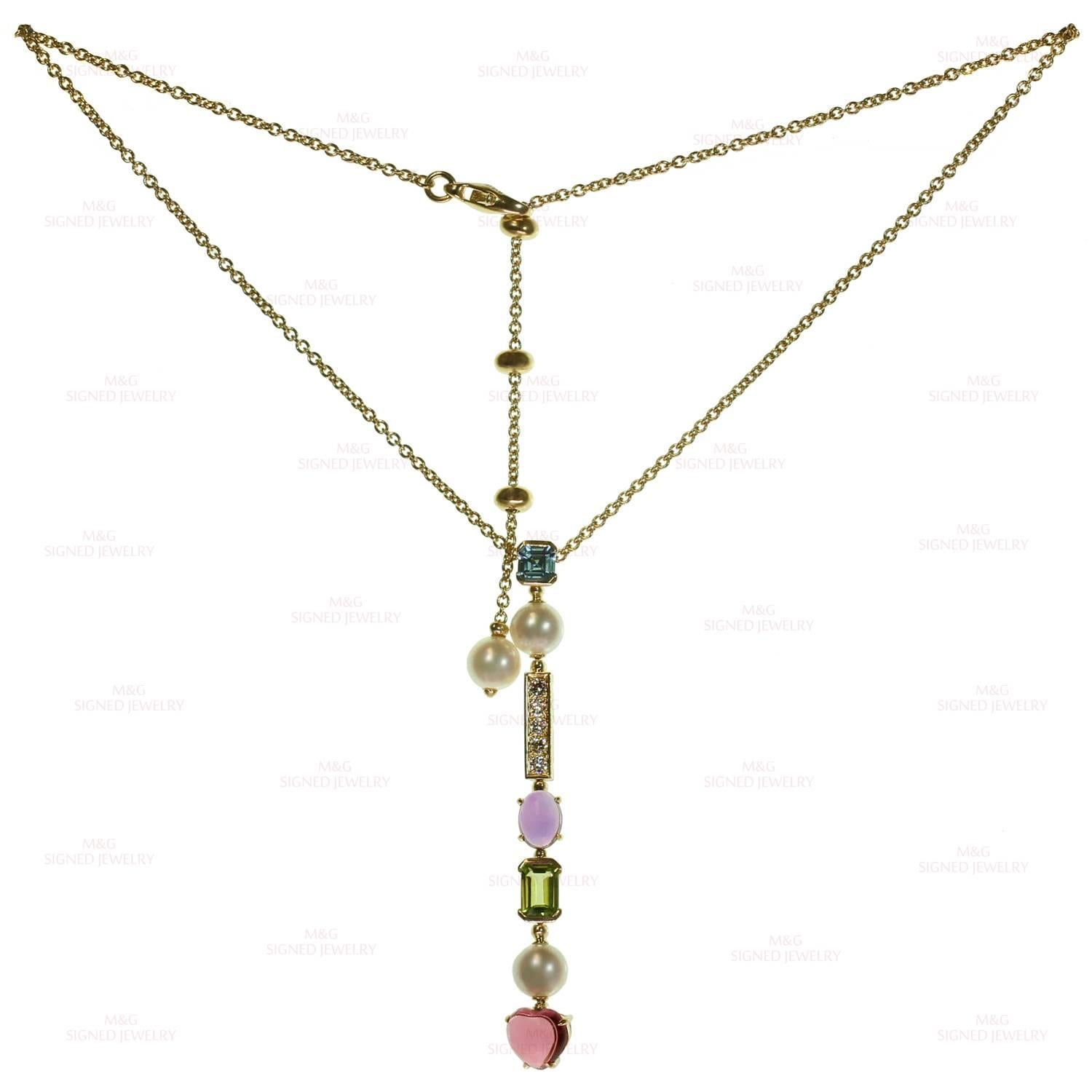Bvlgari Allegra Diamond Gemstone Akoya Cultured Pearl Yellow Gold Necklace In Excellent Condition In New York, NY