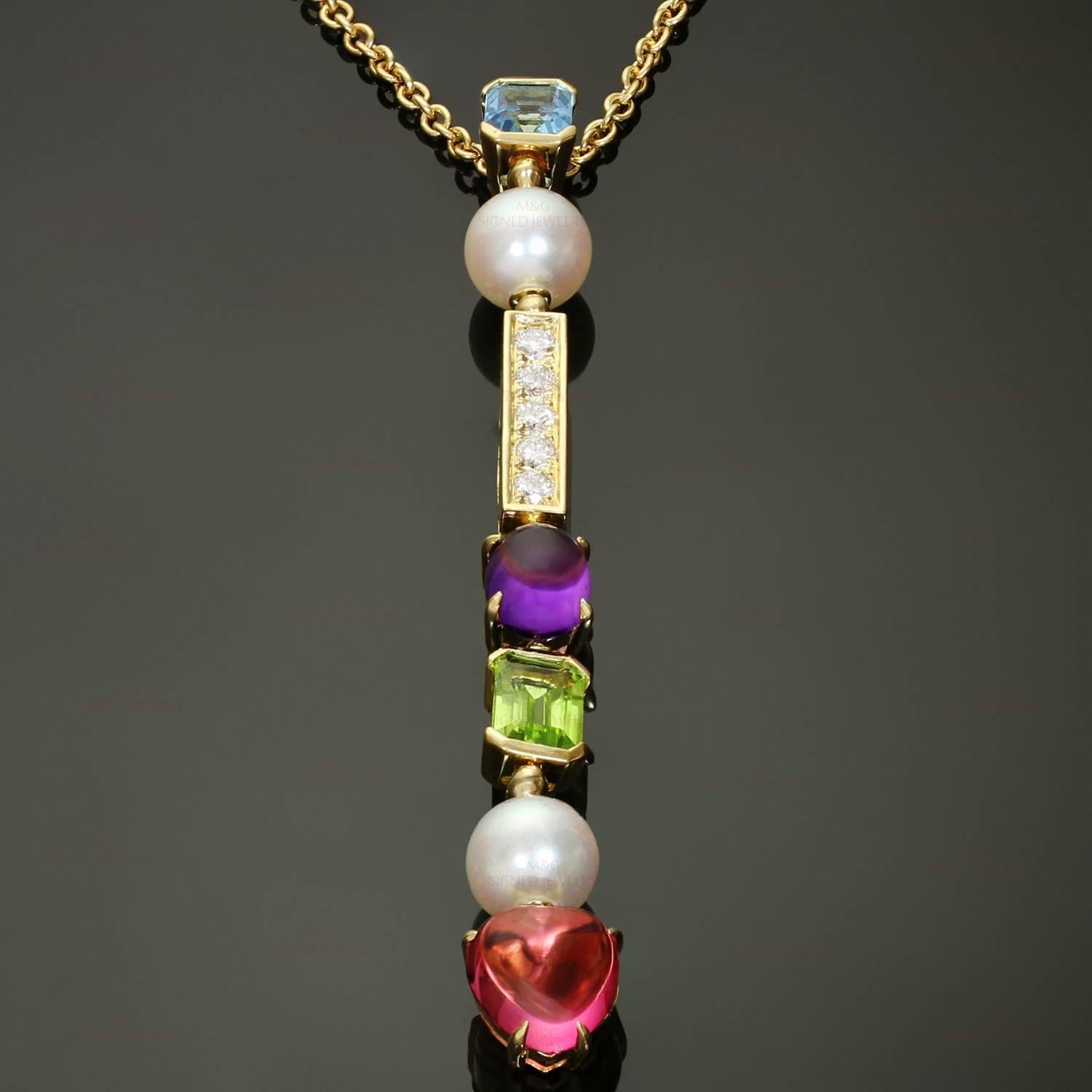 This stunning pendant necklace from Bulgari's vibrant Allegra collection features a linear design set with a rectangular-cut blue topaz, a cultured pearl, four brilliant-cut diamonds, an oval cabochon amethyst, a rectangular-cut peridot, a cultured