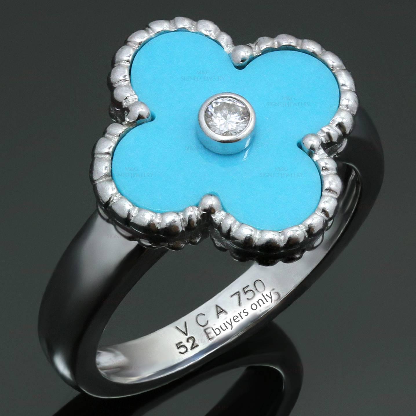 This stunning Van Cleef & Arpels ring from the Alhambra collection feature the lucky clover design crafted in 18k white gold and set with a blue turquoise accented and a bezel-set brilliant-cut round diamond of an estimated 0.06 carats. Made in