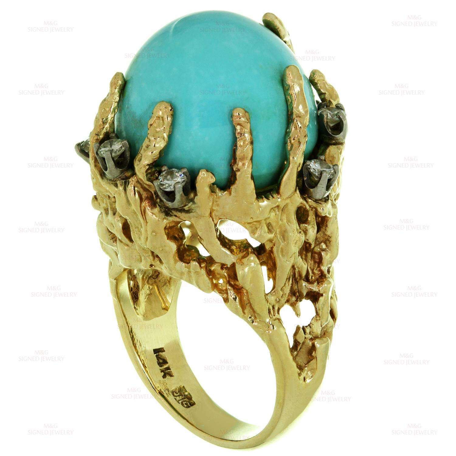 1960s Turquoise Diamond Nugget Yellow Gold Ring 1