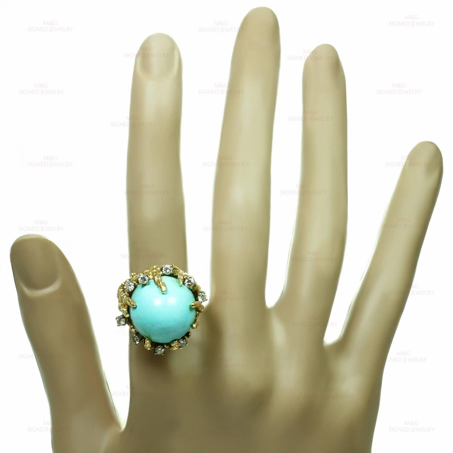 1960s Turquoise Diamond Nugget Yellow Gold Ring In Good Condition In New York, NY