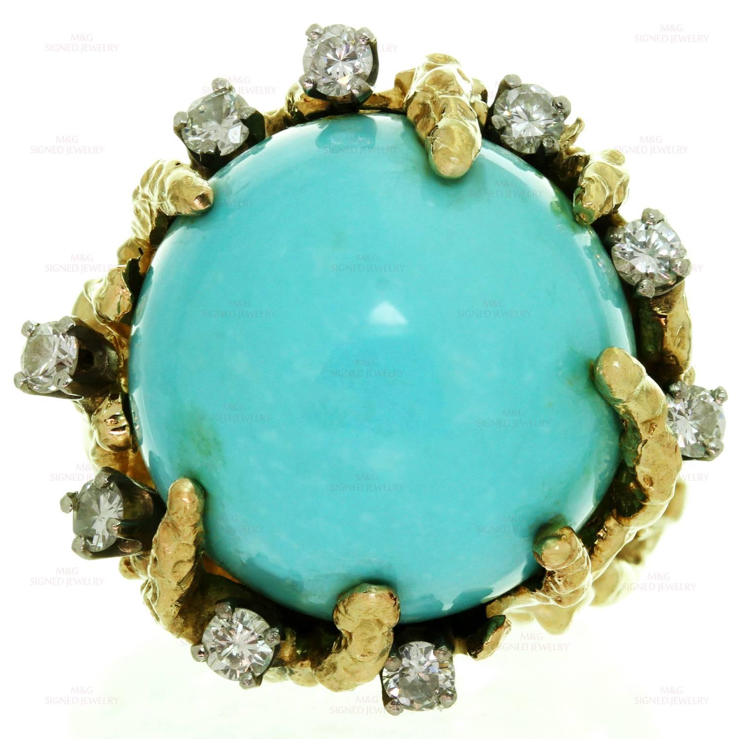 Women's 1960s Turquoise Diamond Nugget Yellow Gold Ring