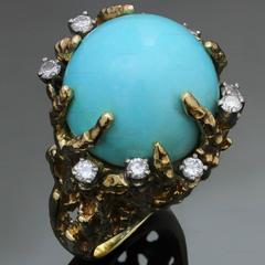 1960s Turquoise Diamond Nugget Yellow Gold Ring