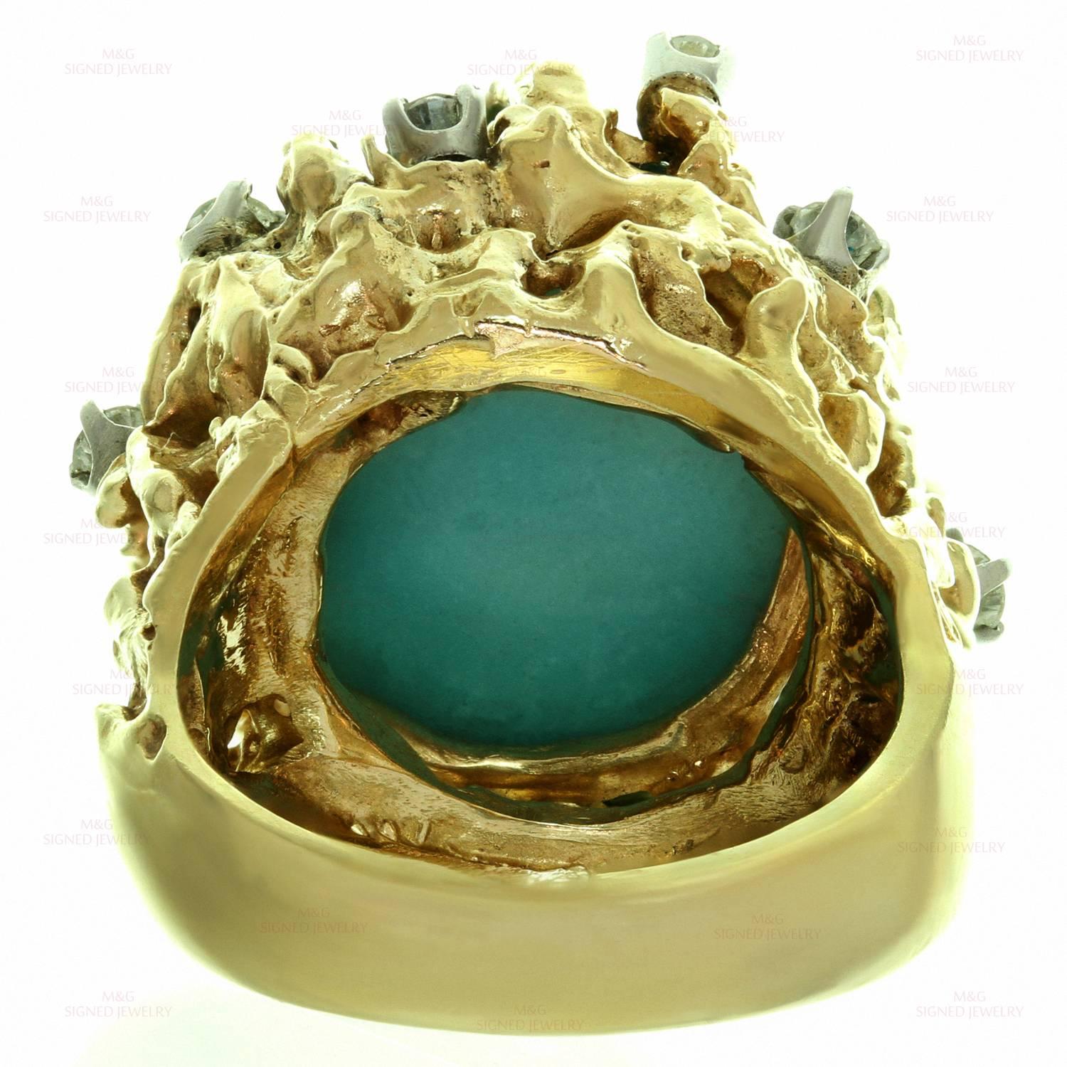 1960s Turquoise Diamond Nugget Yellow Gold Ring 2