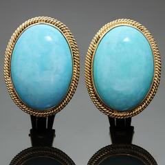 Retro Oval Cabochon Turquoise Gold Clip-On Earrings, 1960s