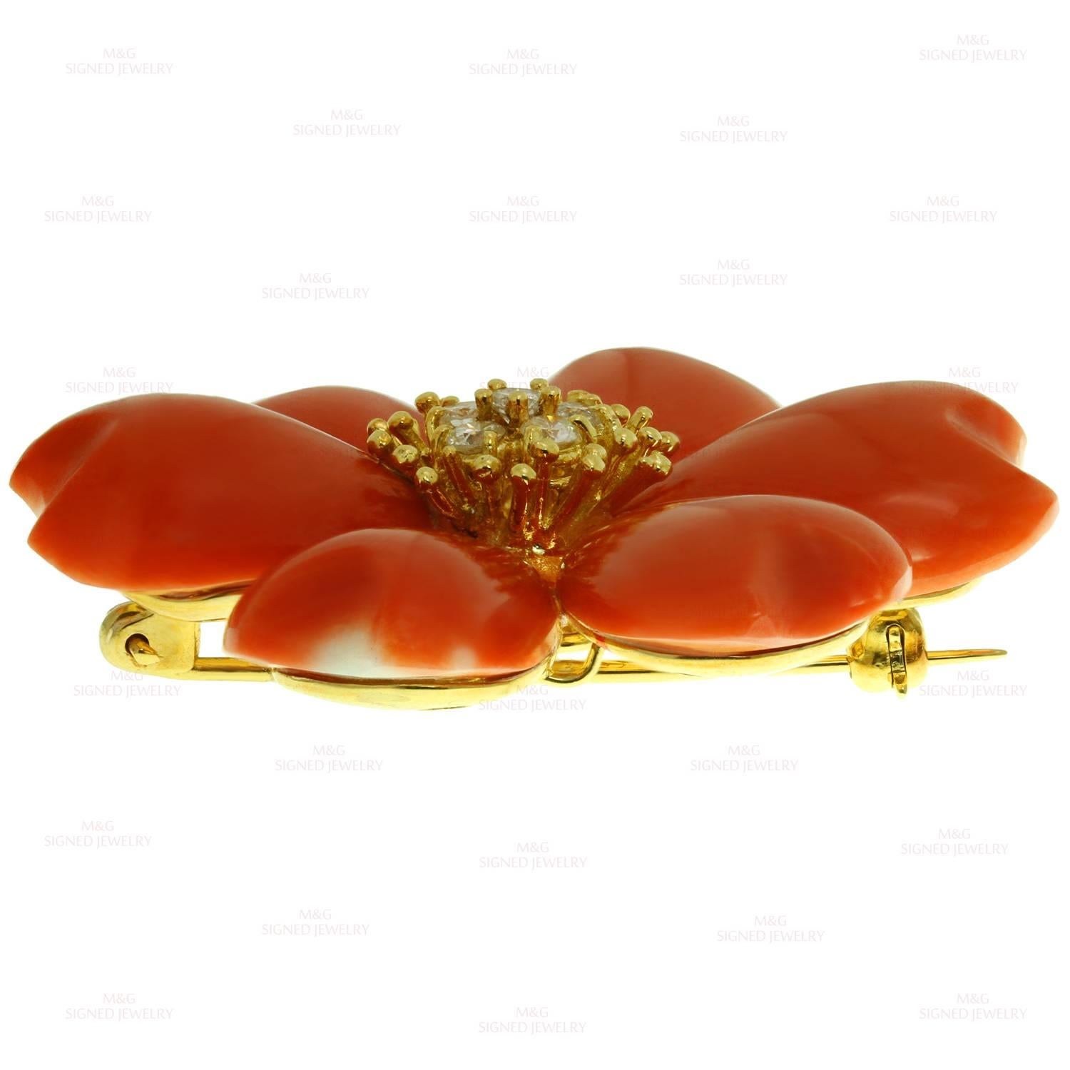 Women's Natural Red Coral Diamond Yellow Gold Flower Brooch Pendant