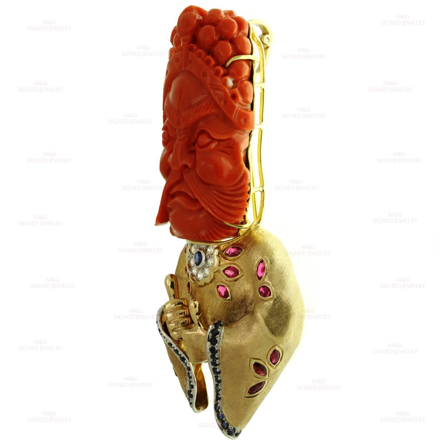 Mixed Cut Lu Chinese God of Wealth Carved Coral Sapphire Ruby Diamond Gold Pendant Pin For Sale