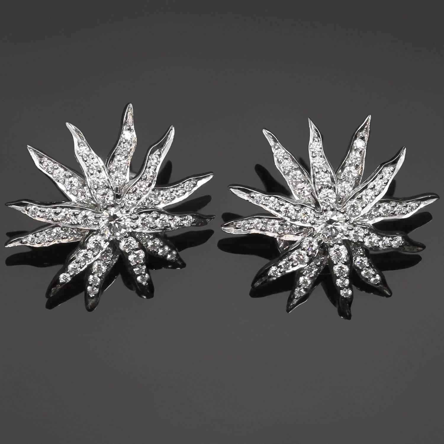 These fabulous Tiffany clip-on earrings feature a stunning lace sunburst design crafted in platinum and pave-set with sparkling brilliant-cut round diamonds of an estimated 1.0 carat. Posts for pierced ears can be added upon request. Made in United