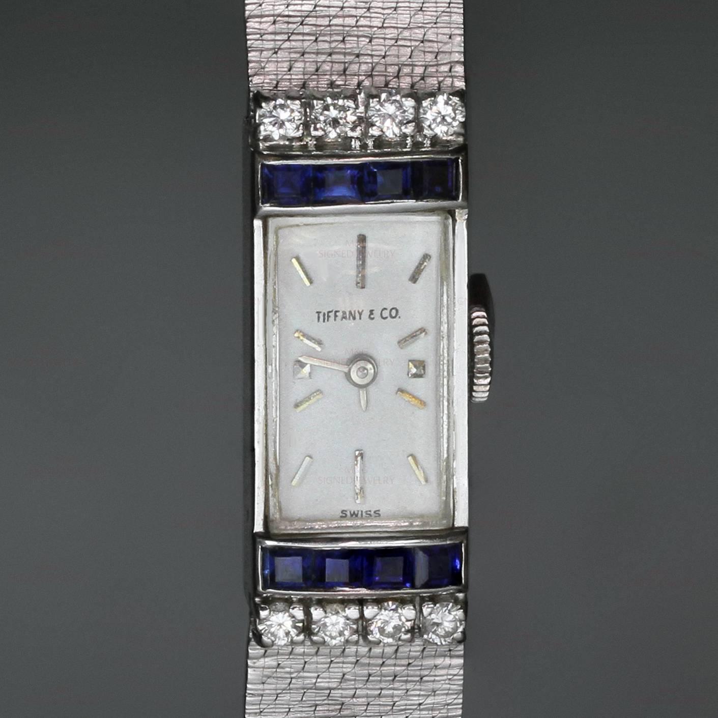 Tiffany & Co. Ladies White Gold Diamond Blue Sapphire mechanical Wristwatch In Excellent Condition In New York, NY
