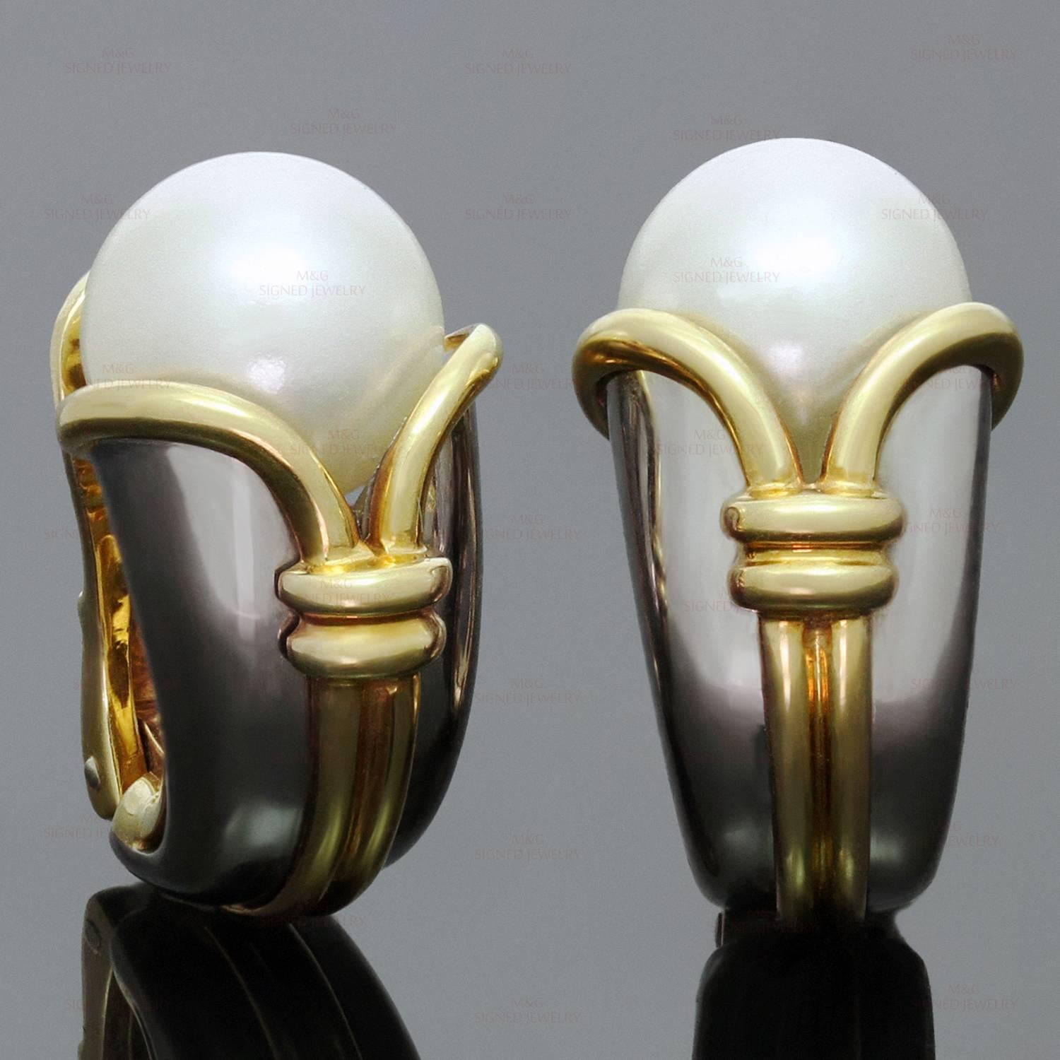 These elegant clip-on earrings from Bulgari's festive Cornucopia collection are crafted in 18k white & yellow gold and set with a pair of 10.0mm cultured pearls. Made in Italy circa 1990s. Measurements: 0.47" (12mm) width, 0.86" (22mm)